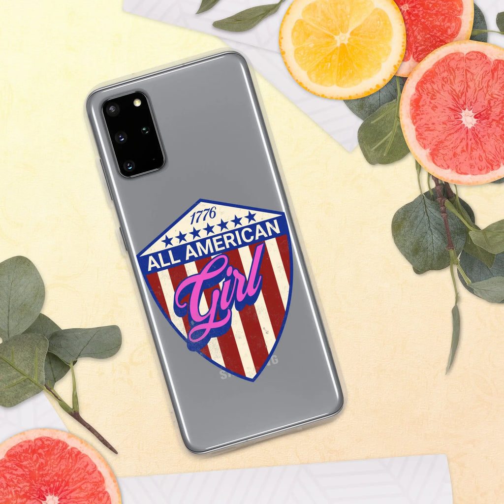 A patriotic Samsung phone clear case with a shield and the text "All American Girl."
