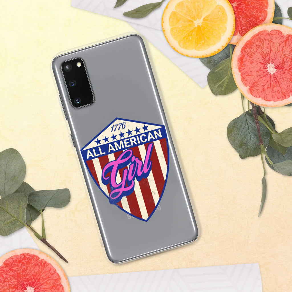 A patriotic Samsung phone clear case with a shield and the text "All American Girl."