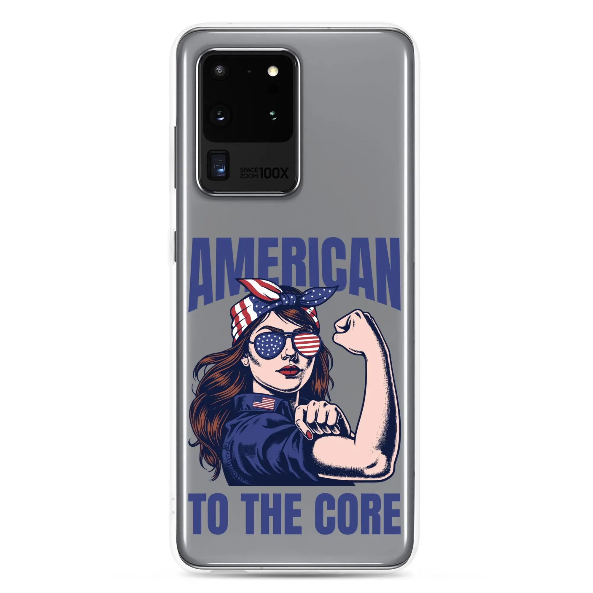 Patriotic Samsung phone clear case with a woman flexing and the text "American To The Core."