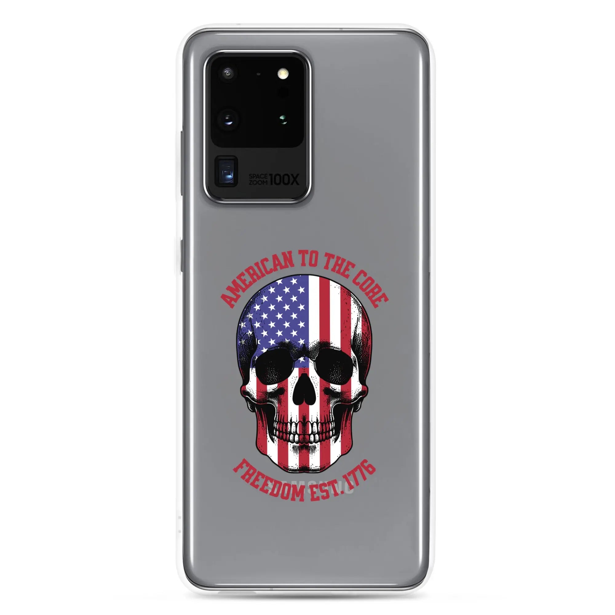 Patriotic Samsung clear phone case with an American flag skull and the text "America To The Core and Freedom est. 1776."