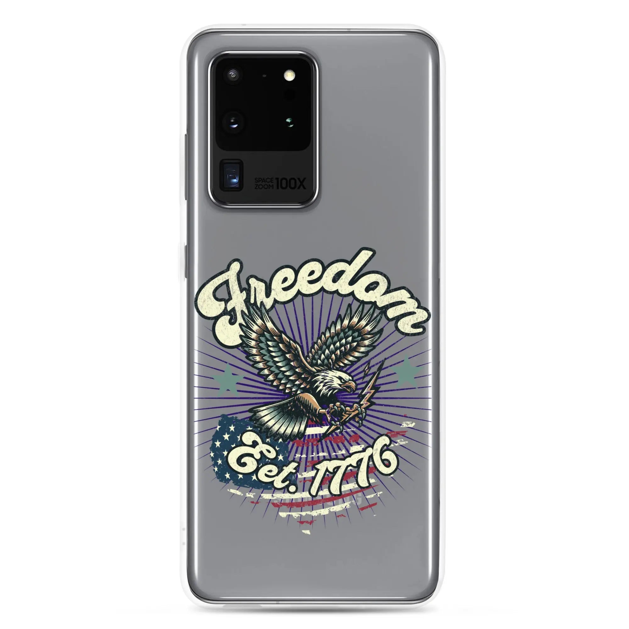 Patriotic Samsung clear phone case with an eagle design and the text "Freedom est. 1776."
