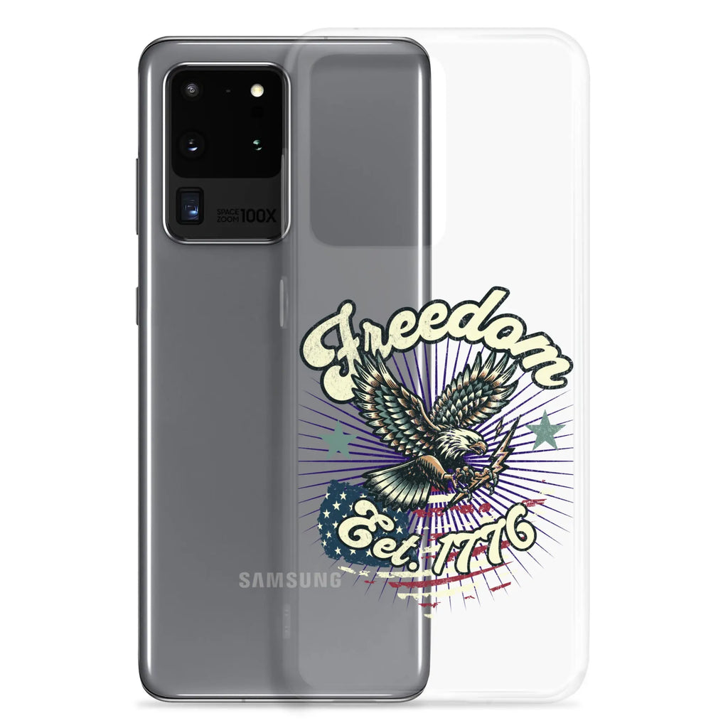 Patriotic Samsung clear phone case with an eagle design and the text "Freedom est. 1776."