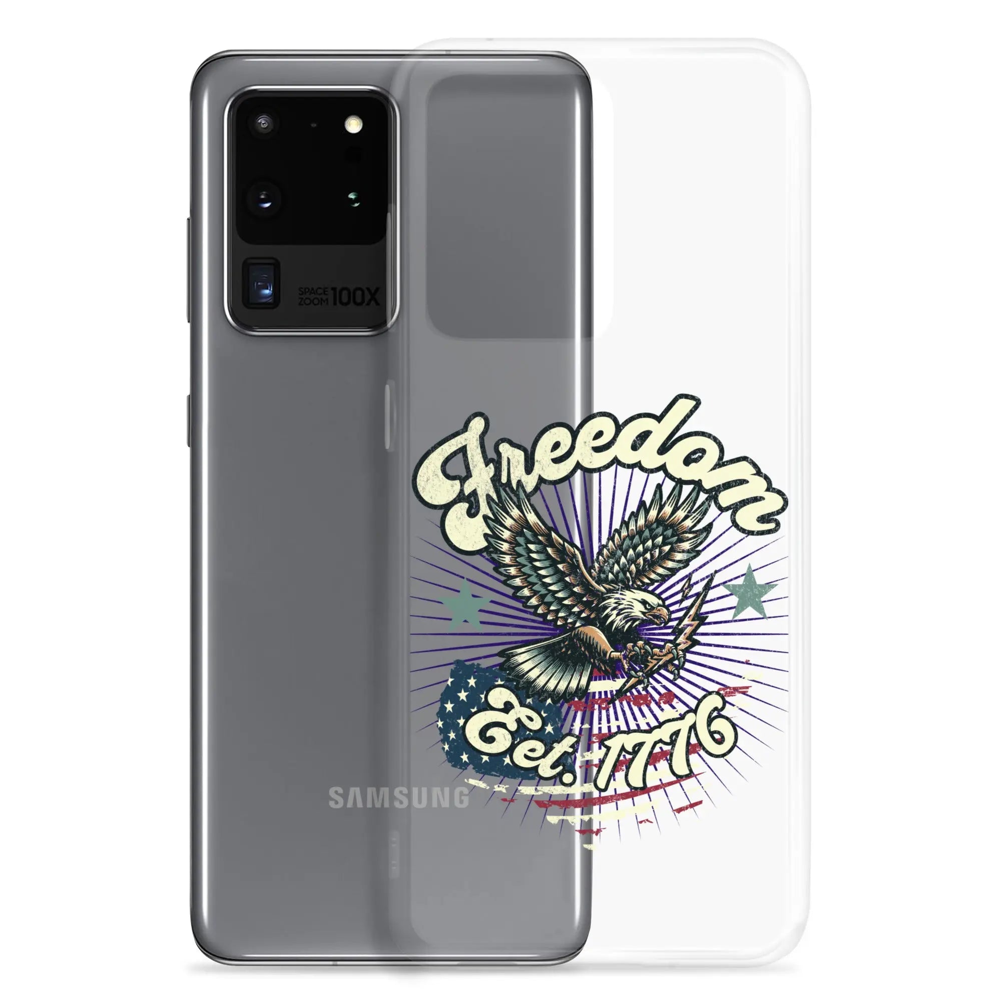 Patriotic Samsung clear phone case with an eagle design and the text "Freedom est. 1776."