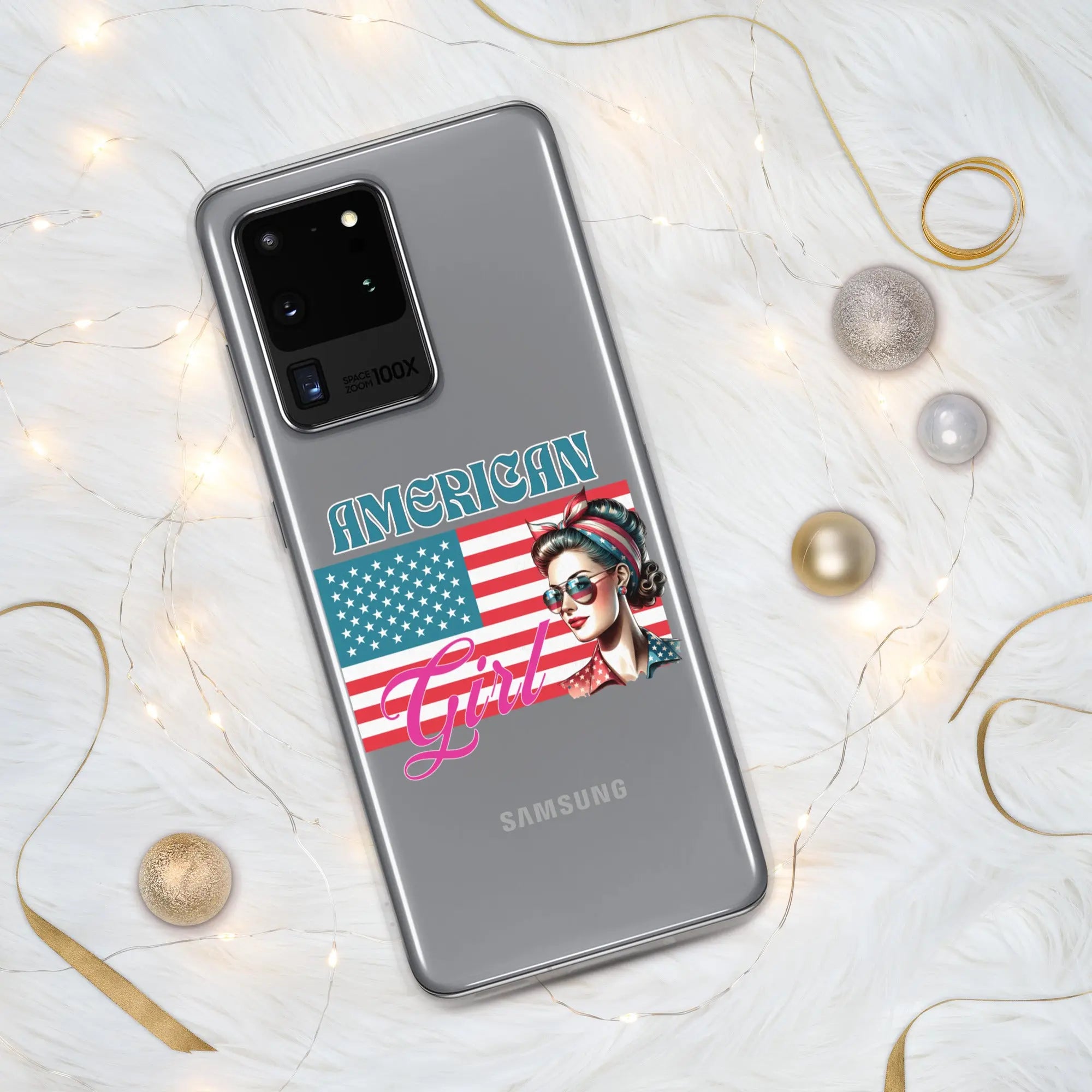 A patriotic Samsung phone clear case with the American flag and a woman's head on it and the text "American Girl."