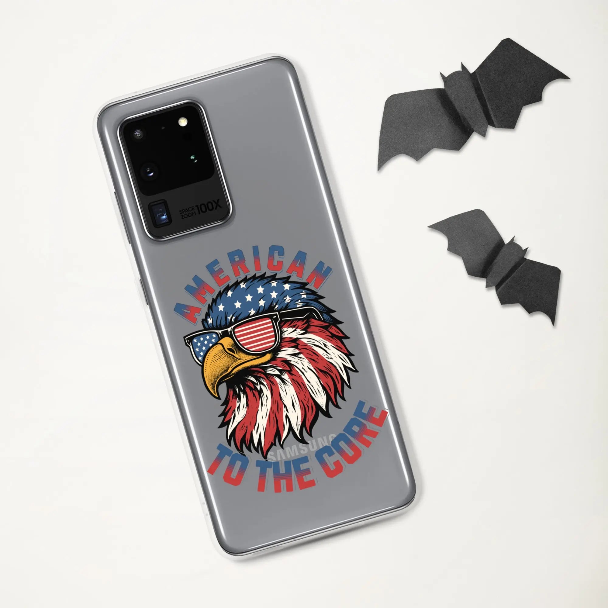 A patriotic Samsung phone clear case with an eagle head and the text "American To The Core."