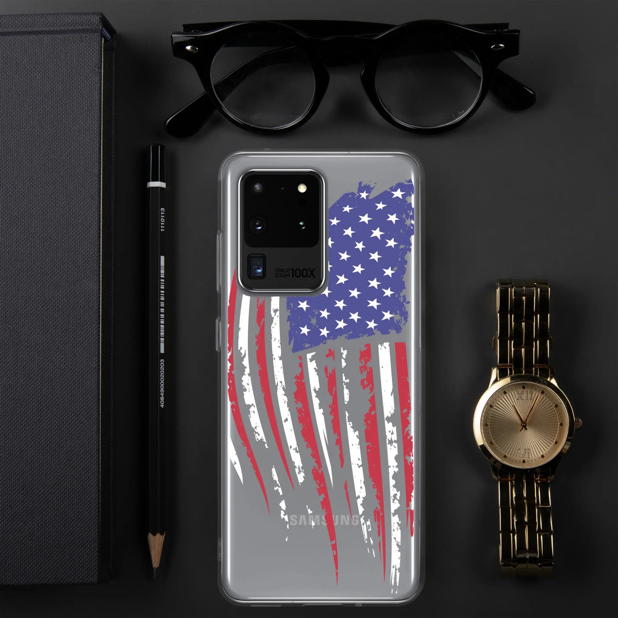 A patriotic Samsung phone clear case with the American flag. 