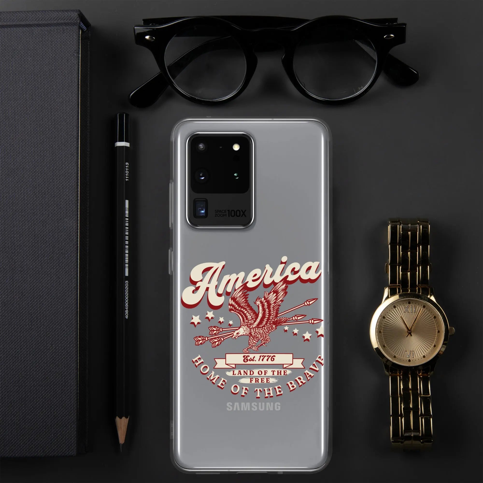 Patriotic Samsung clear phone case with a flying eagle and the text "America, Home Of The Brave."
