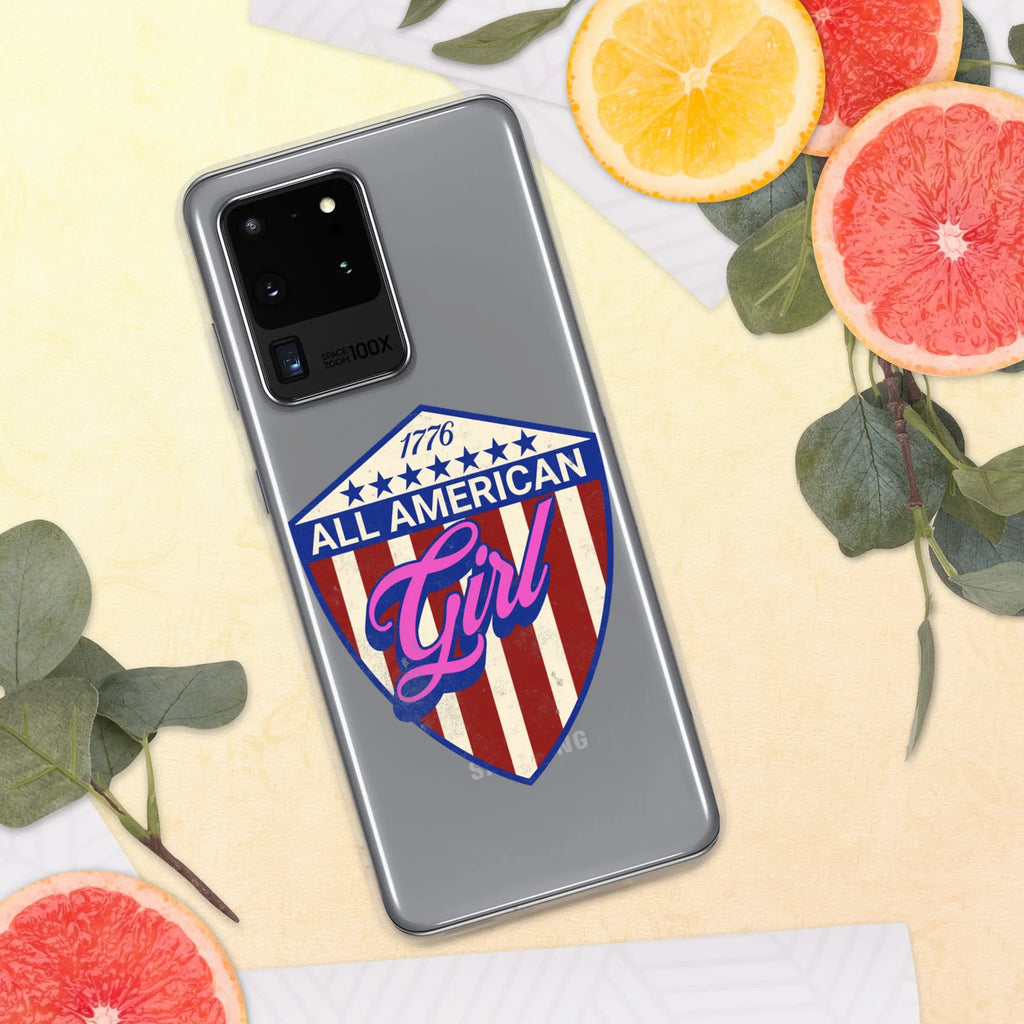 A patriotic Samsung phone clear case with a shield and the text "All American Girl."
