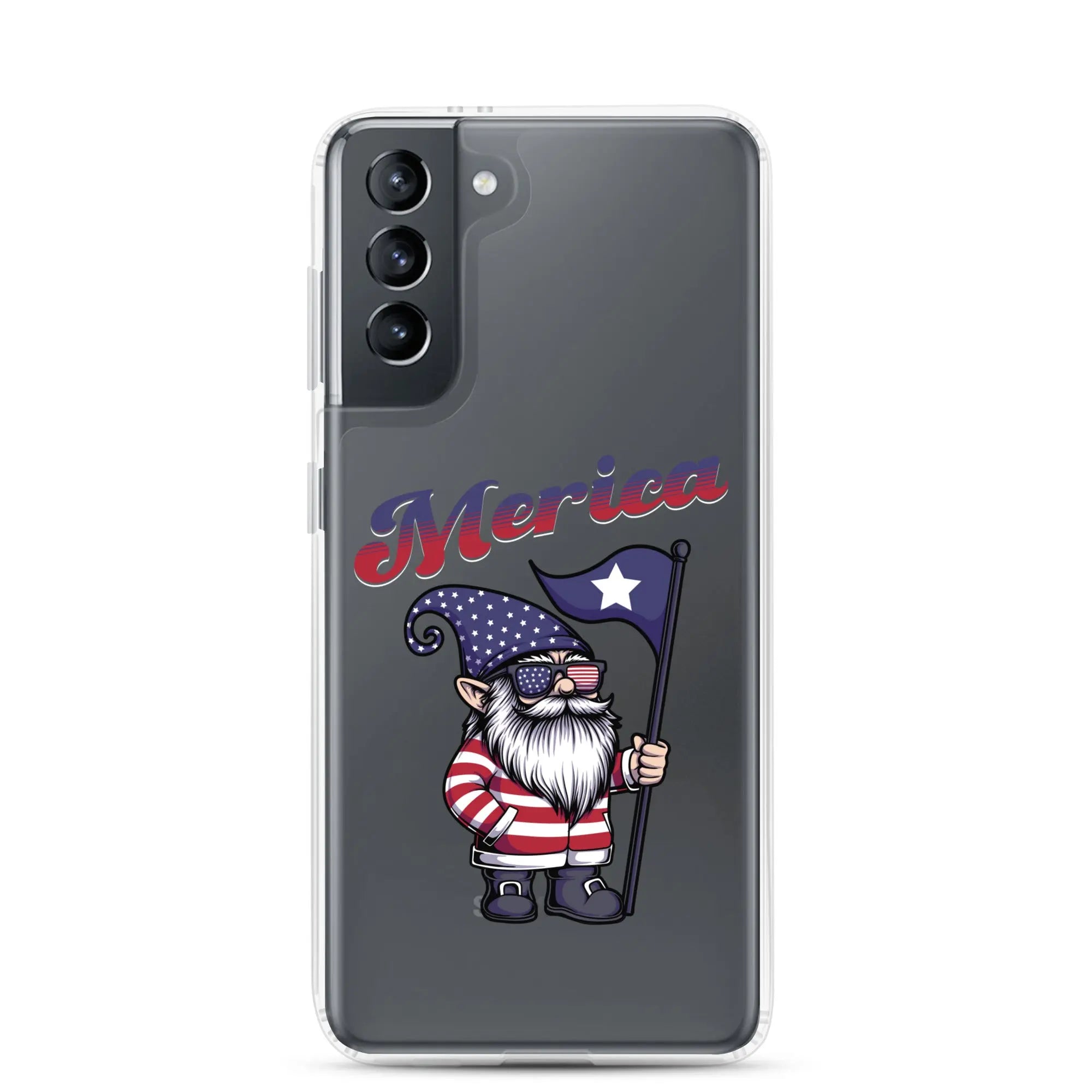 A patriotic Samsung phone clear case with a gnome holding a flag and the text "Merica."