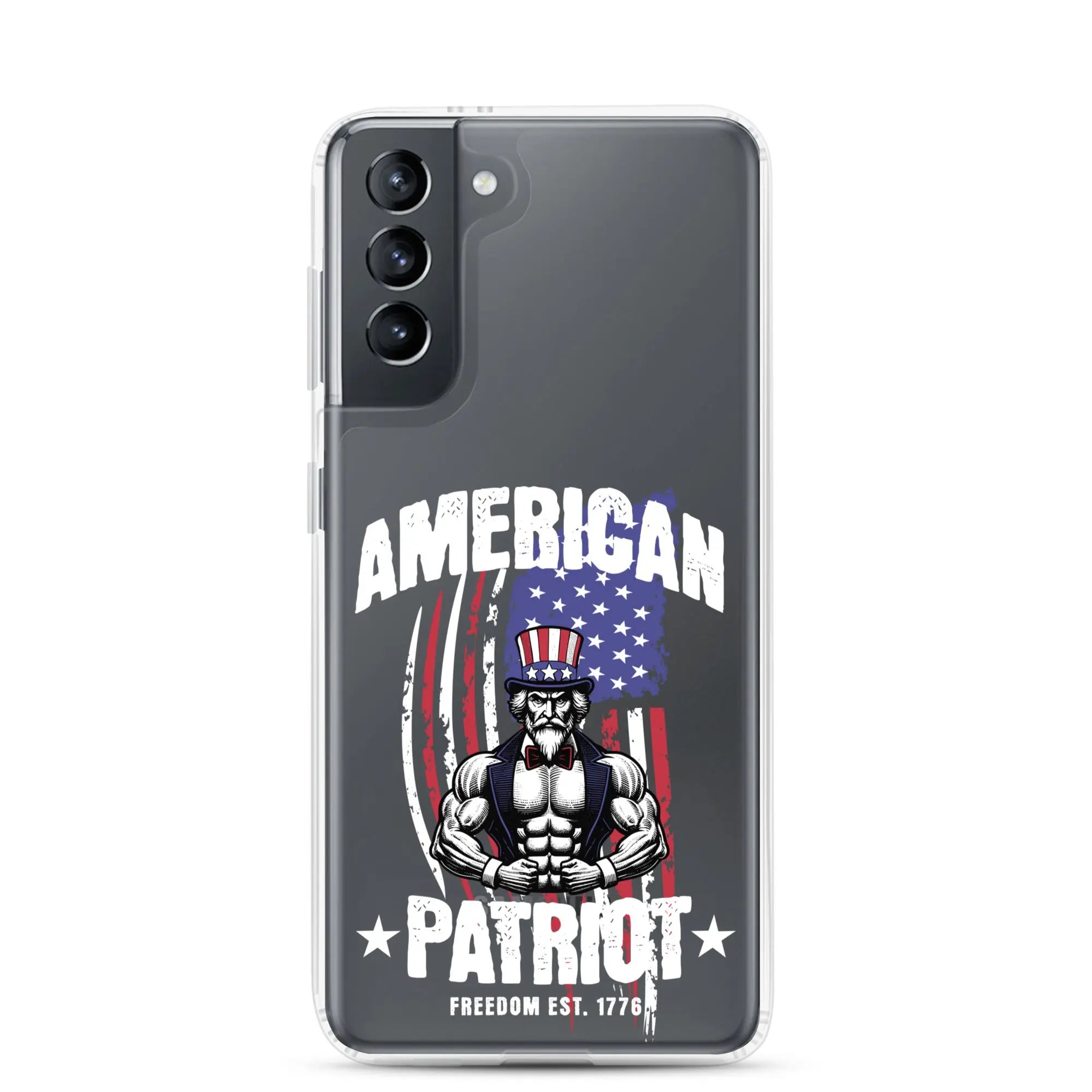 Patriotic Samsung clear phone case with a flexing uncle sam and the text "American Patriot"