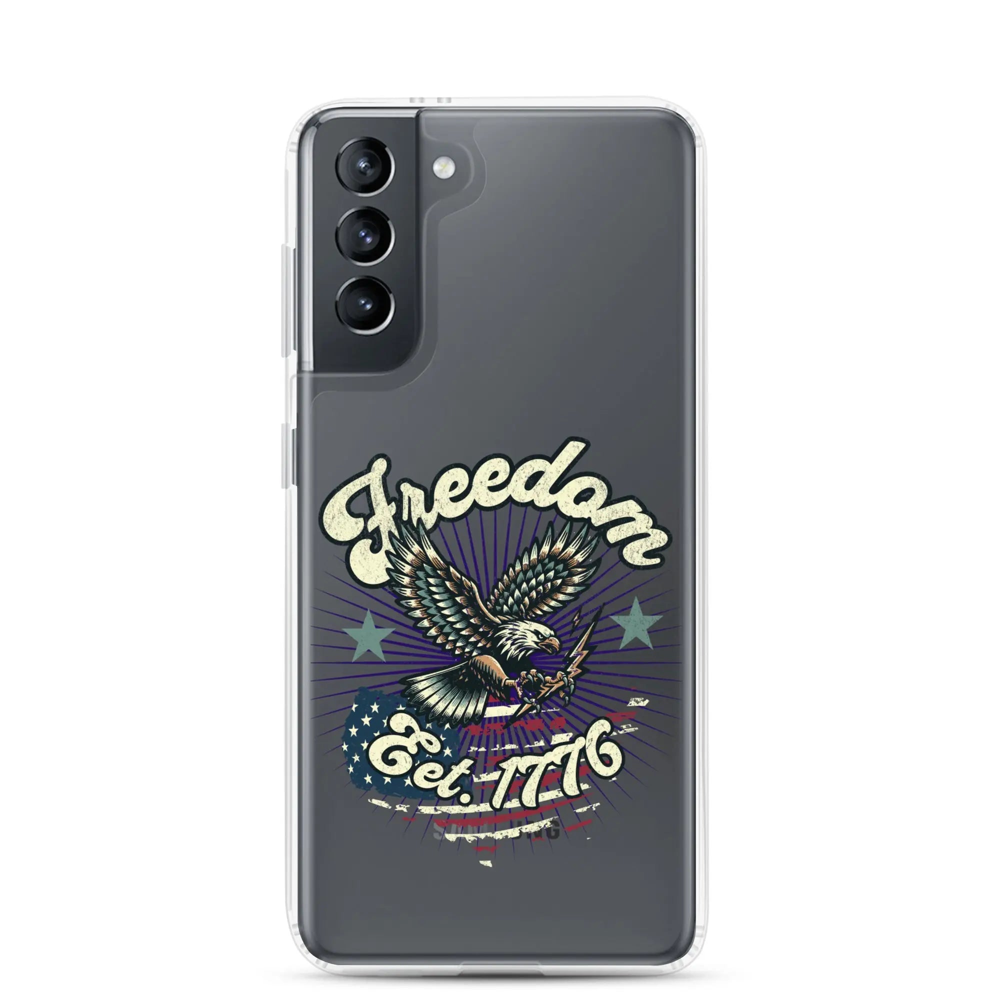 Patriotic Samsung clear phone case with an eagle design and the text "Freedom est. 1776."