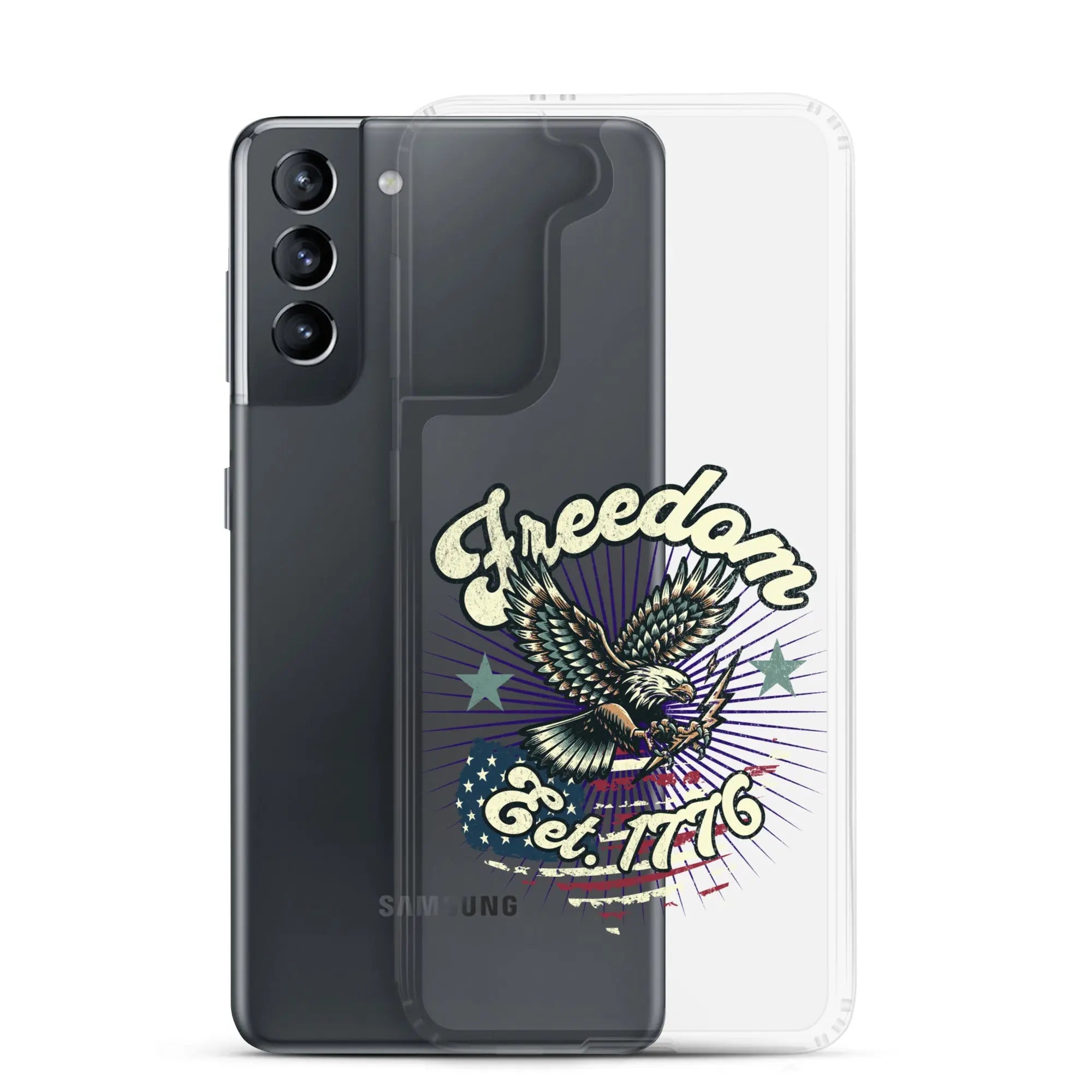 Patriotic Samsung clear phone case with an eagle design and the text "Freedom est. 1776."