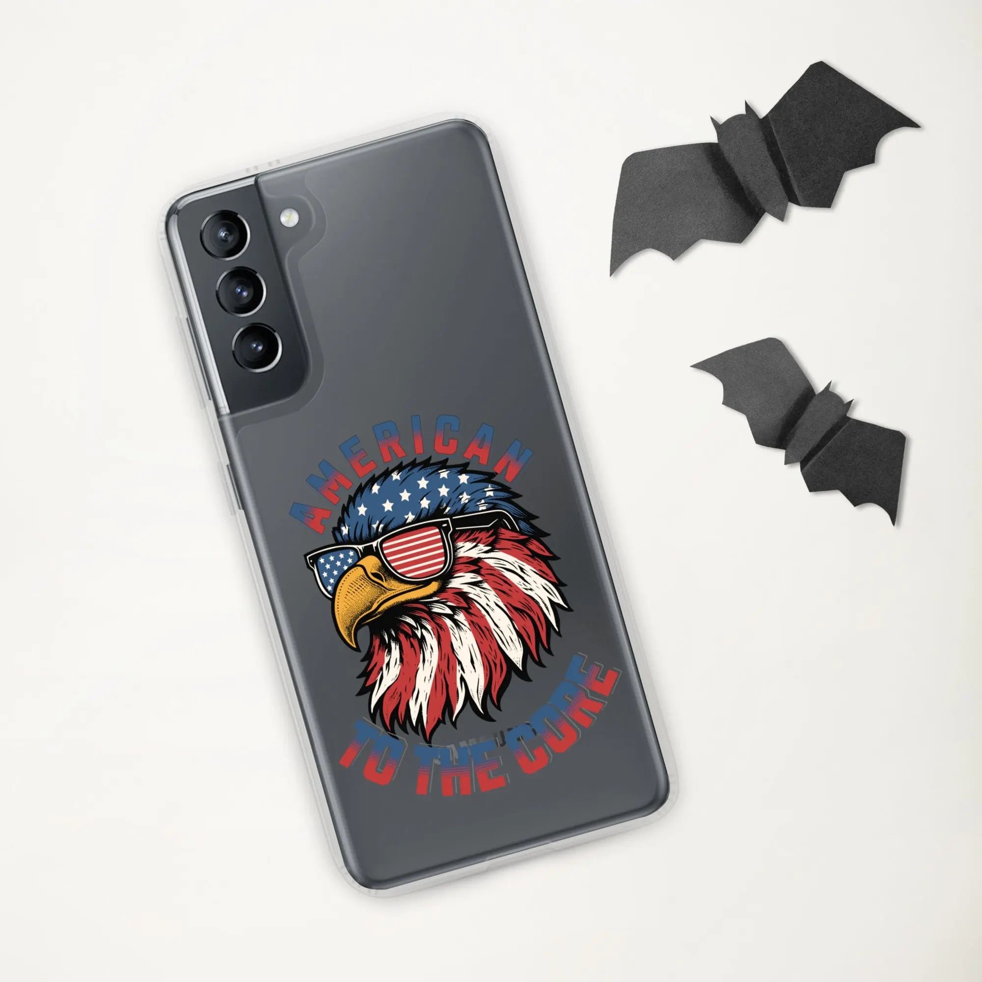 A patriotic Samsung phone clear case with an eagle head and the text "American To The Core."