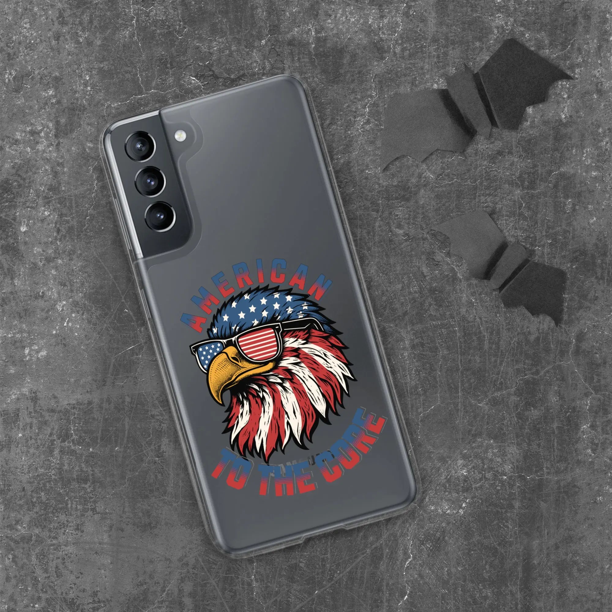 A patriotic Samsung phone clear case with an eagle head and the text "American To The Core."