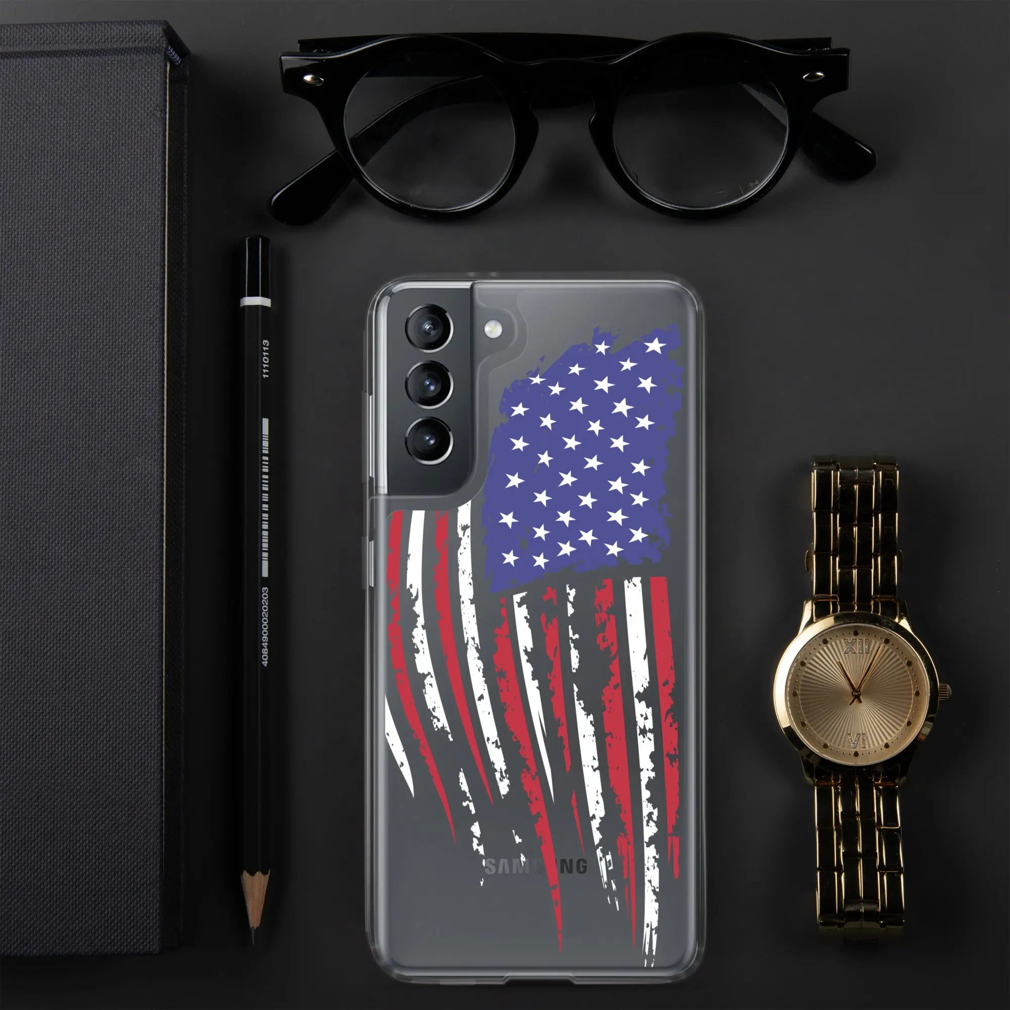 A patriotic Samsung phone clear case with the American flag.