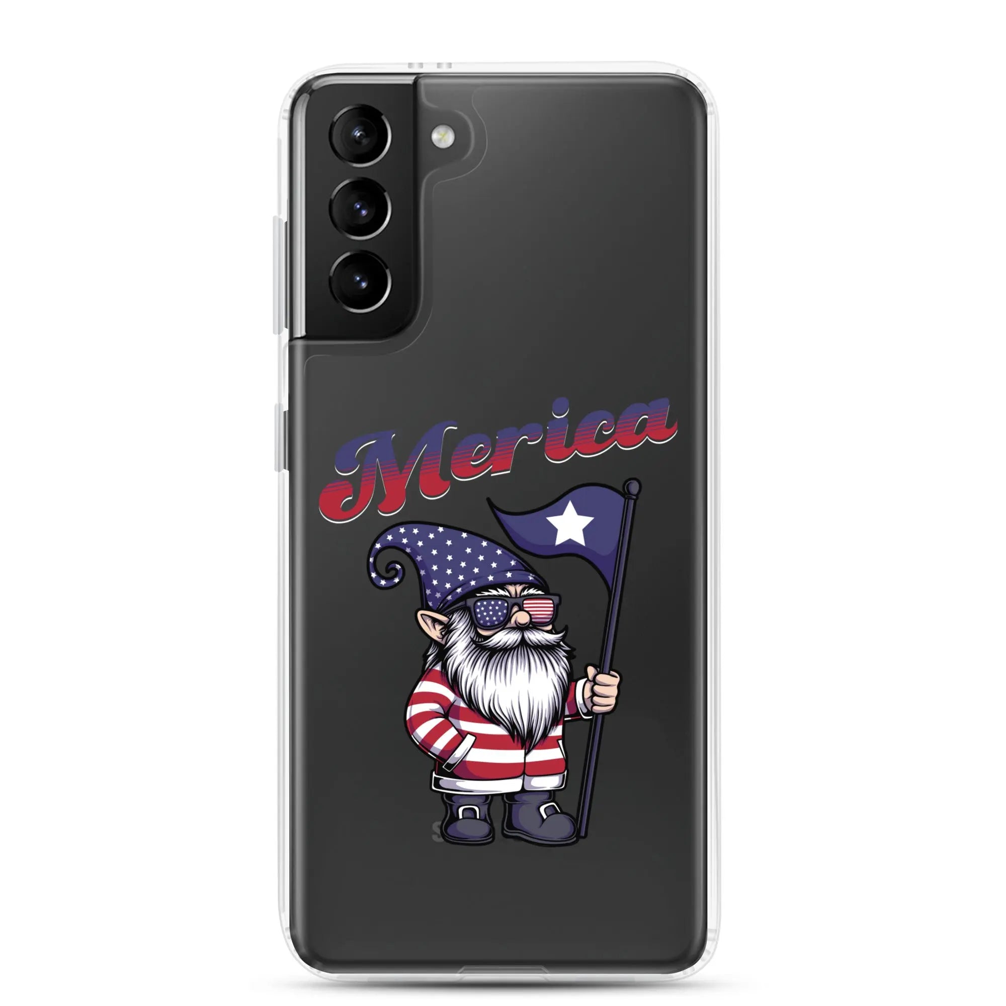 A patriotic Samsung phone clear case with a gnome holding a flag and the text "Merica."