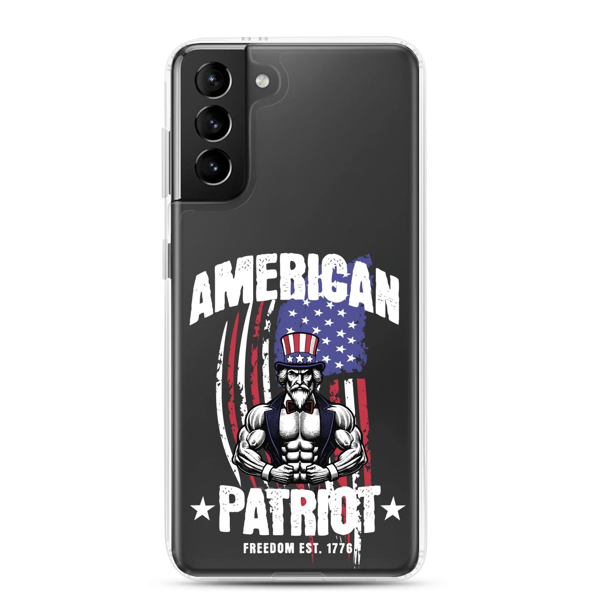 Patriotic Samsung clear phone case with a flexing uncle sam and the text "American Patriot"