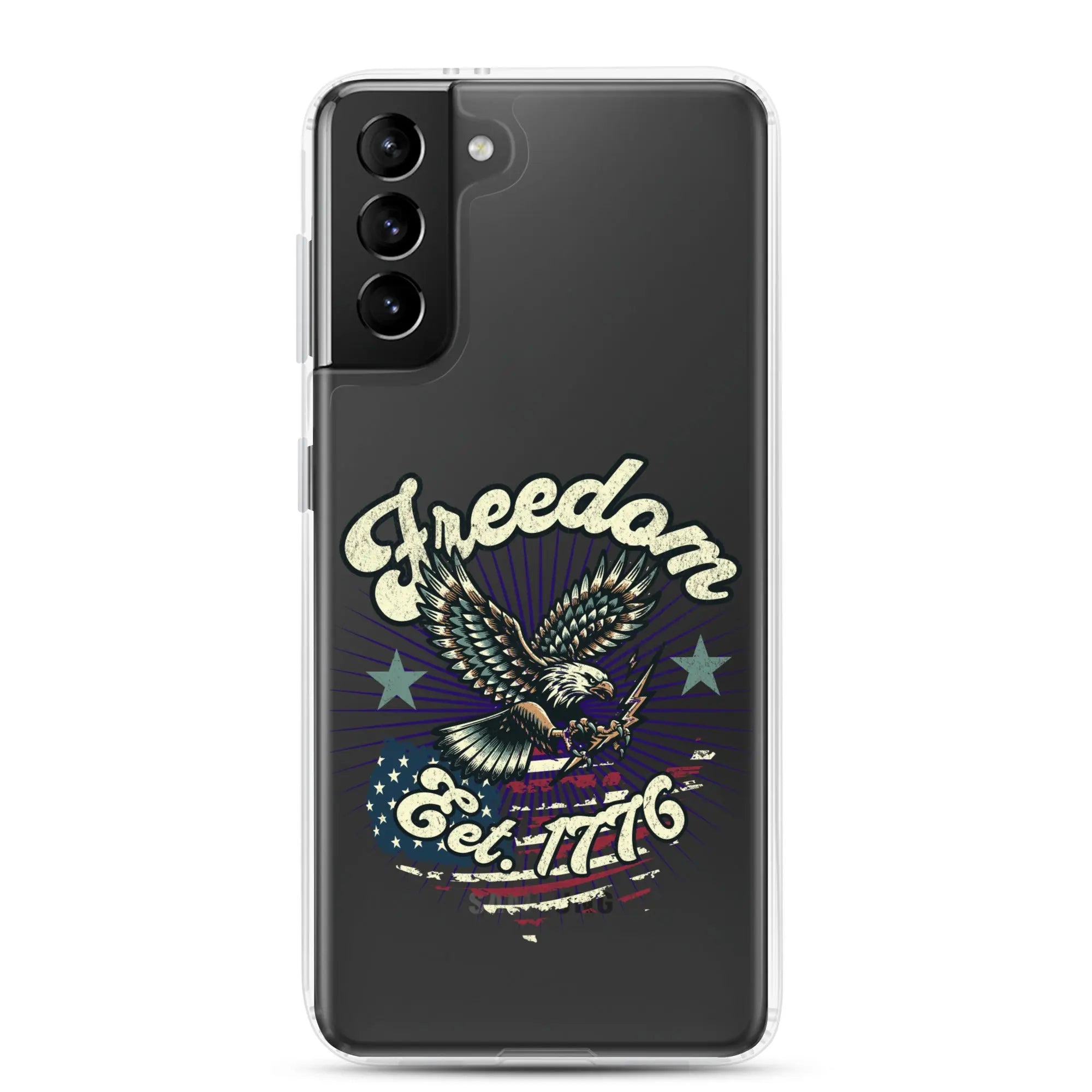 Patriotic Samsung clear phone case with an eagle design and the text "Freedom est. 1776."