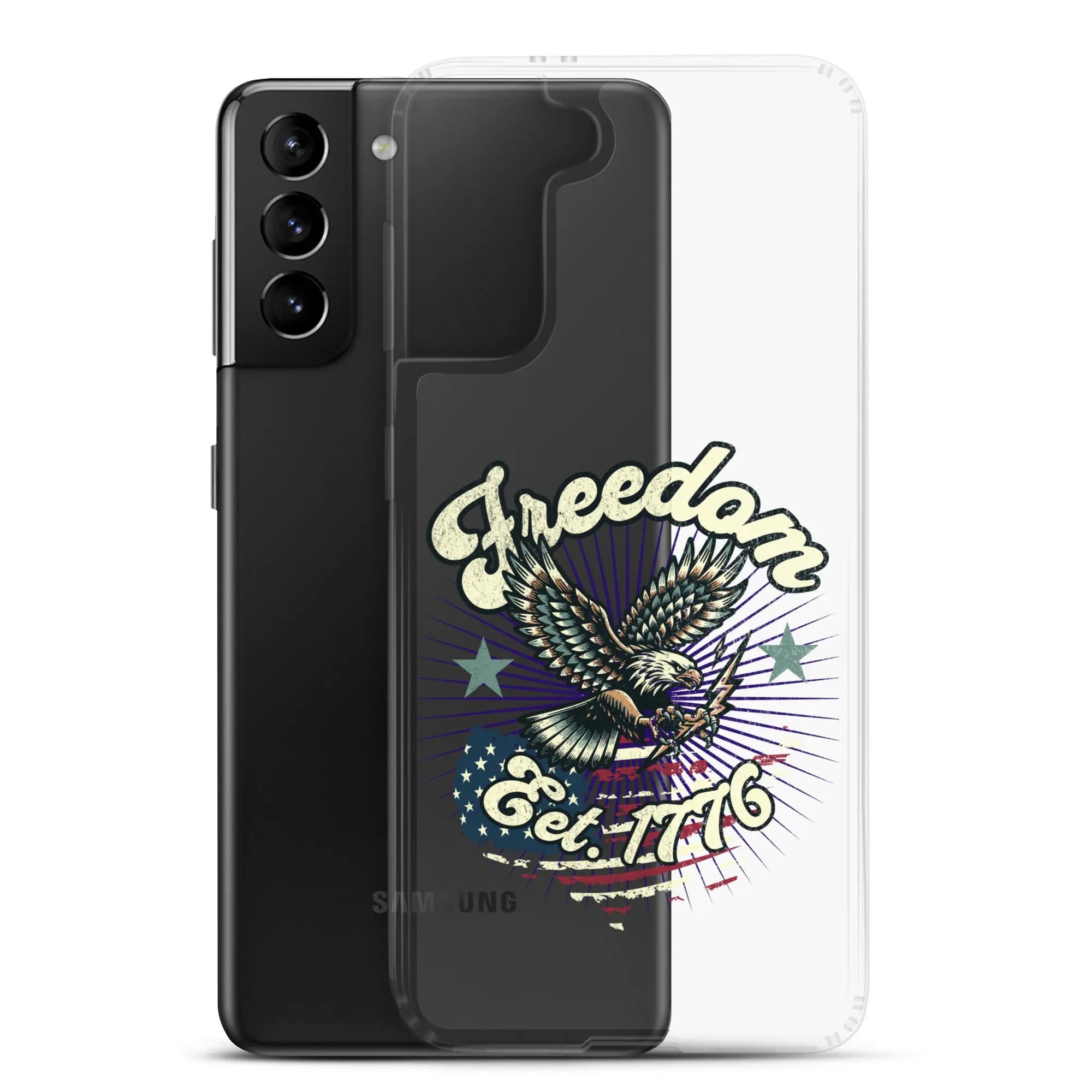 Patriotic Samsung clear phone case with an eagle design and the text "Freedom est. 1776."