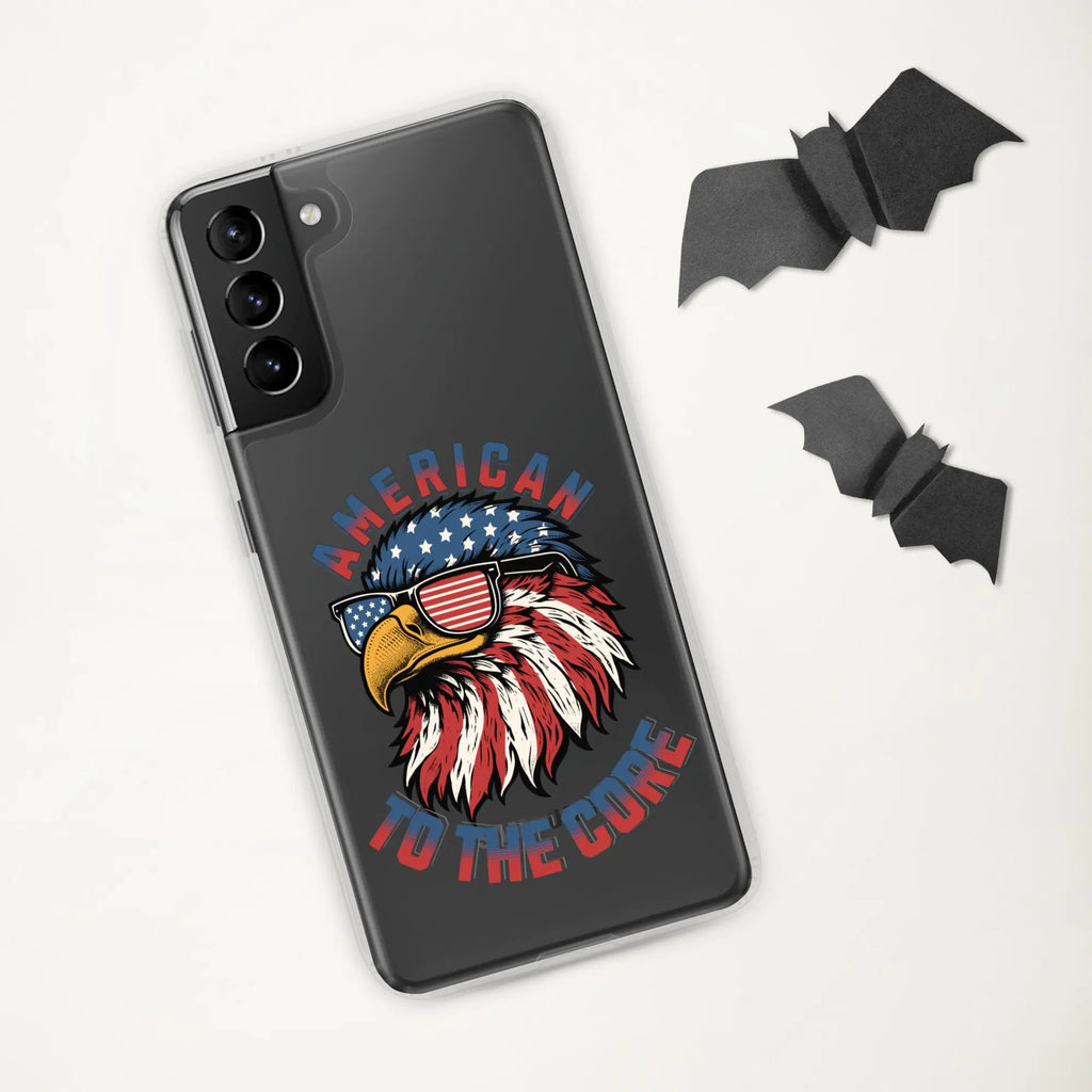 A patriotic Samsung phone clear case with an eagle head and the text "American To The Core."