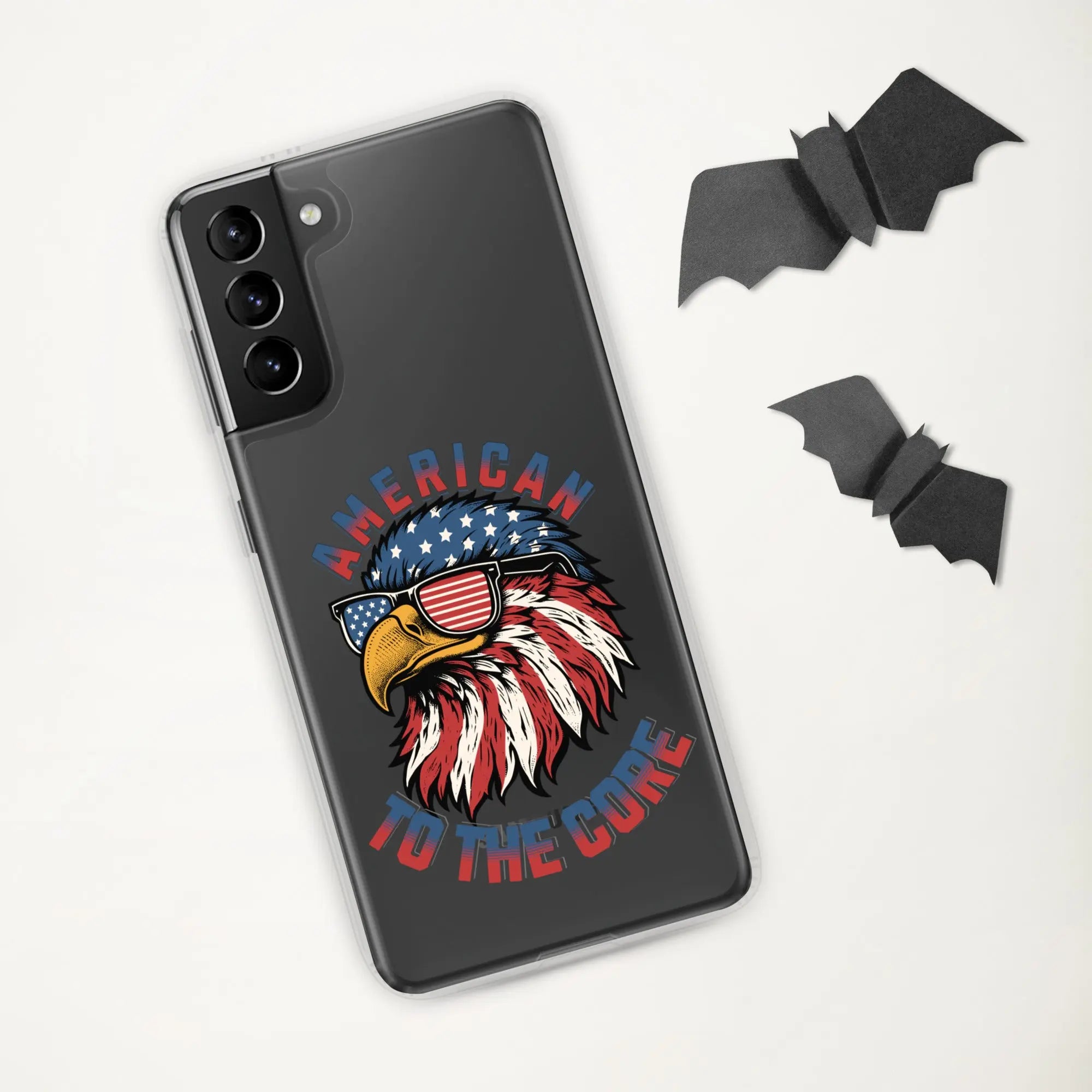 A patriotic Samsung phone clear case with an eagle head and the text "American To The Core."