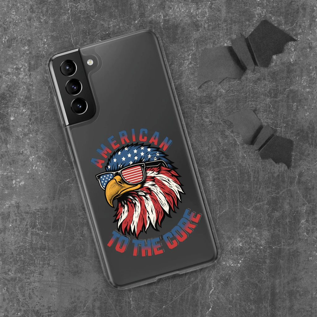 A patriotic Samsung phone clear case with an eagle head and the text "American To The Core."