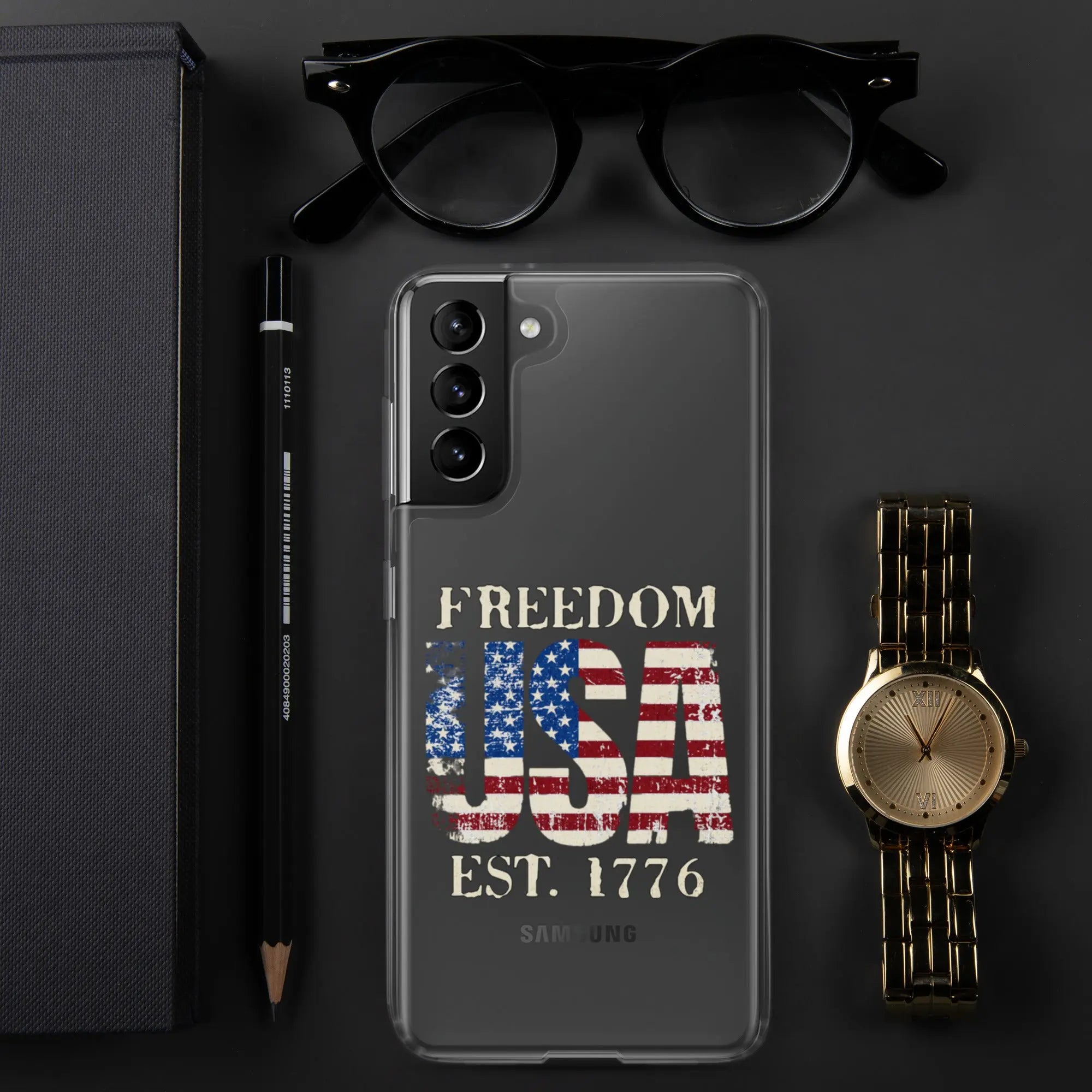 A patriotic Samsung clear phone case with the American flag in the shape of the USA and the text "Freedom est. 1776."
