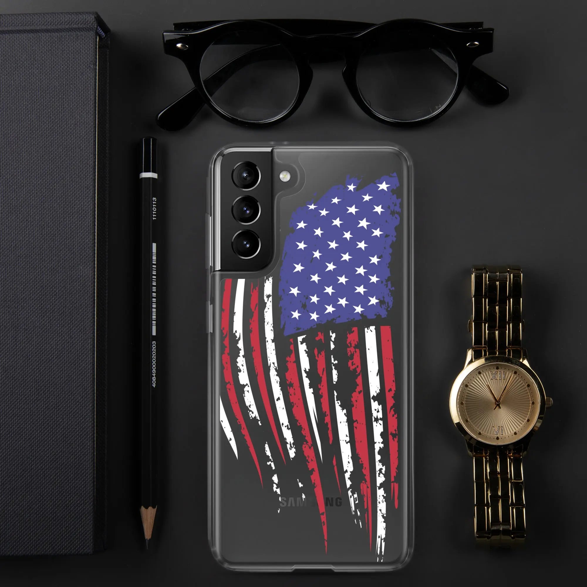 A patriotic Samsung phone clear case with the American flag.