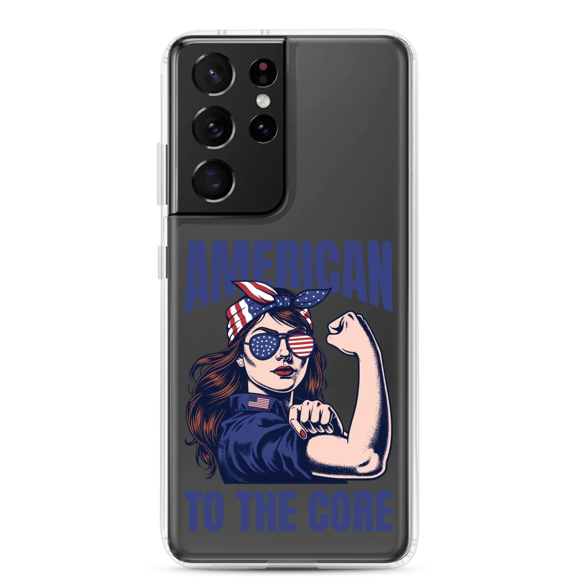Patriotic Samsung phone clear case with a woman flexing and the text "American To The Core."