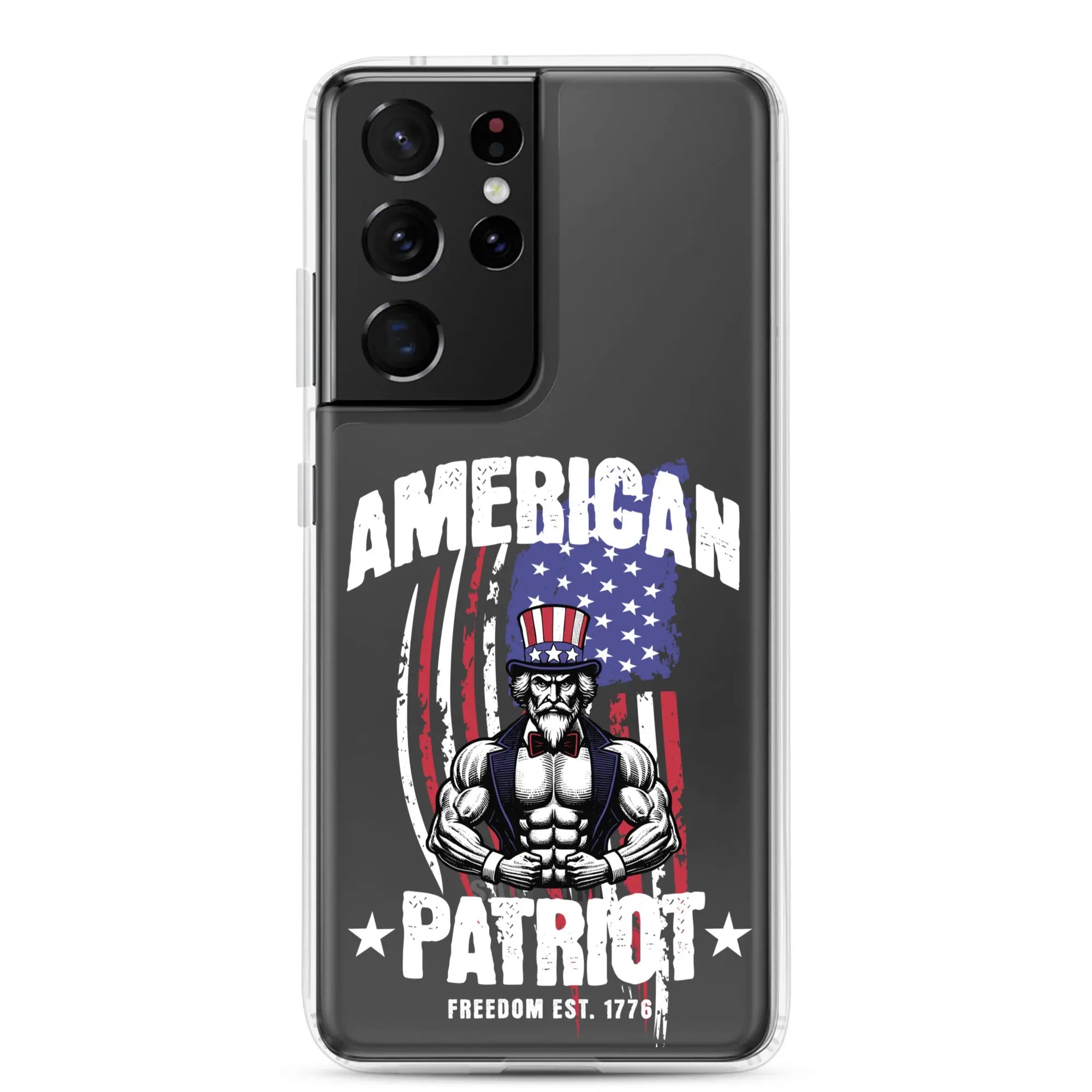 Patriotic Samsung clear phone case with a flexing uncle sam and the text "American Patriot"