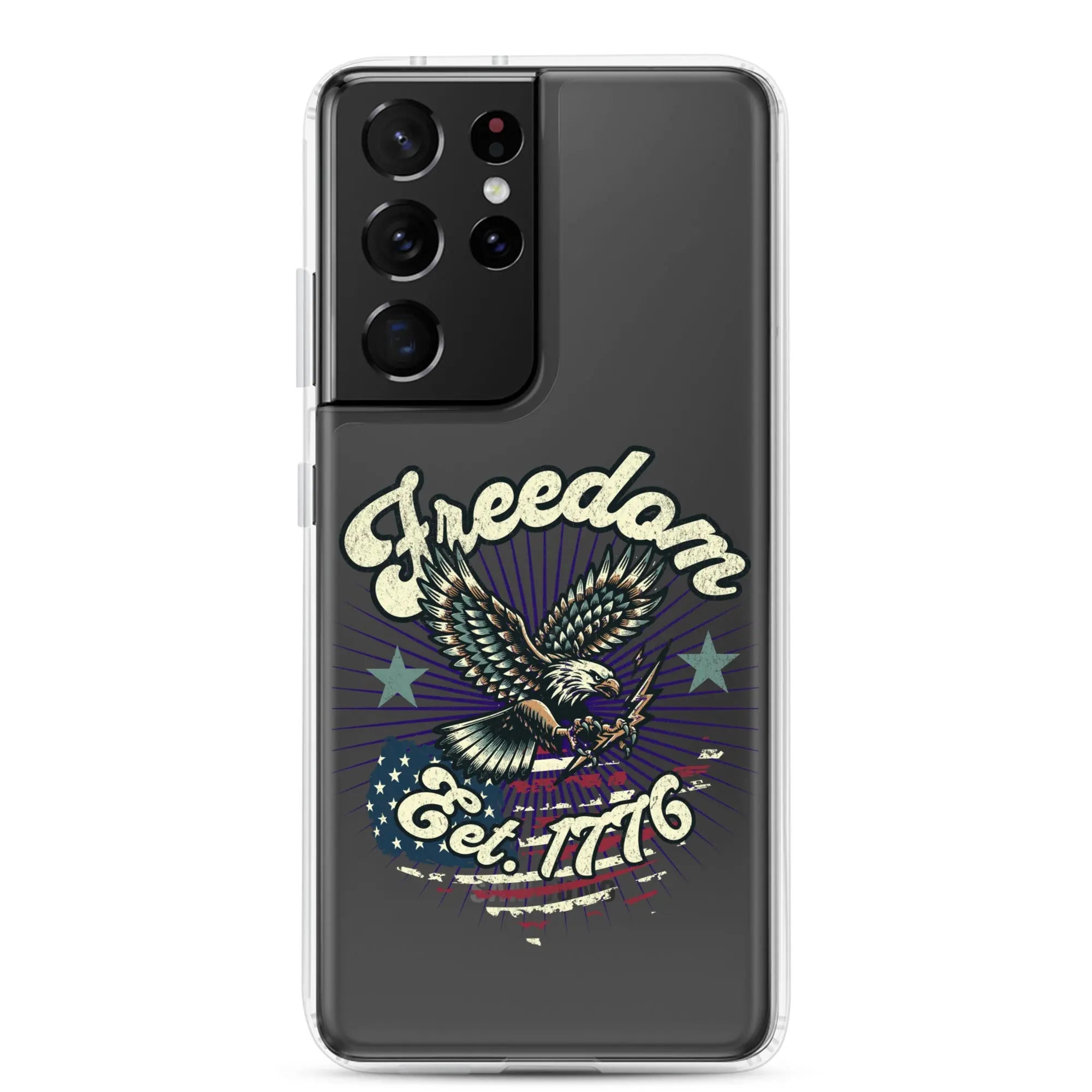 Patriotic Samsung clear phone case with an eagle design and the text "Freedom est. 1776."
