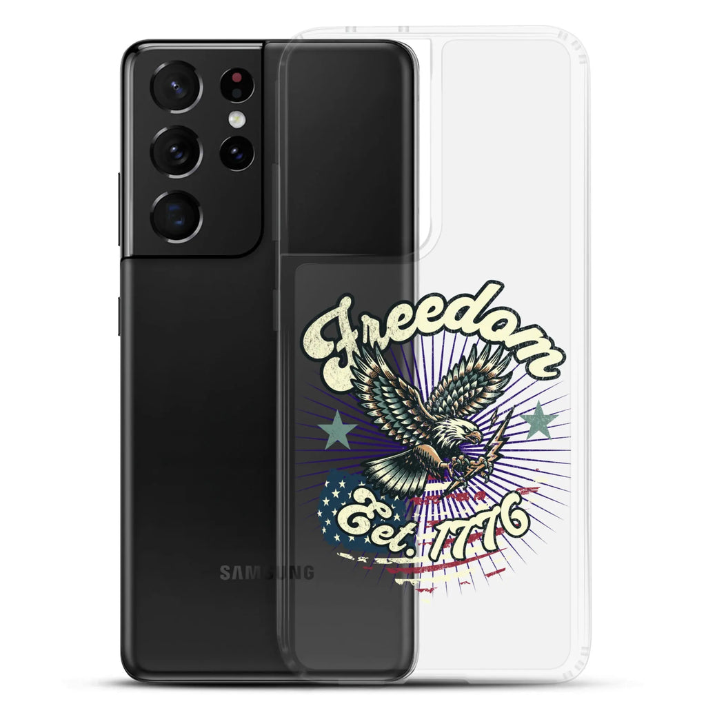 Patriotic Samsung clear phone case with an eagle design and the text "Freedom est. 1776."