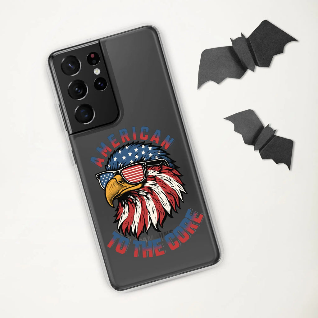 A patriotic Samsung phone clear case with an eagle head and the text "American To The Core."