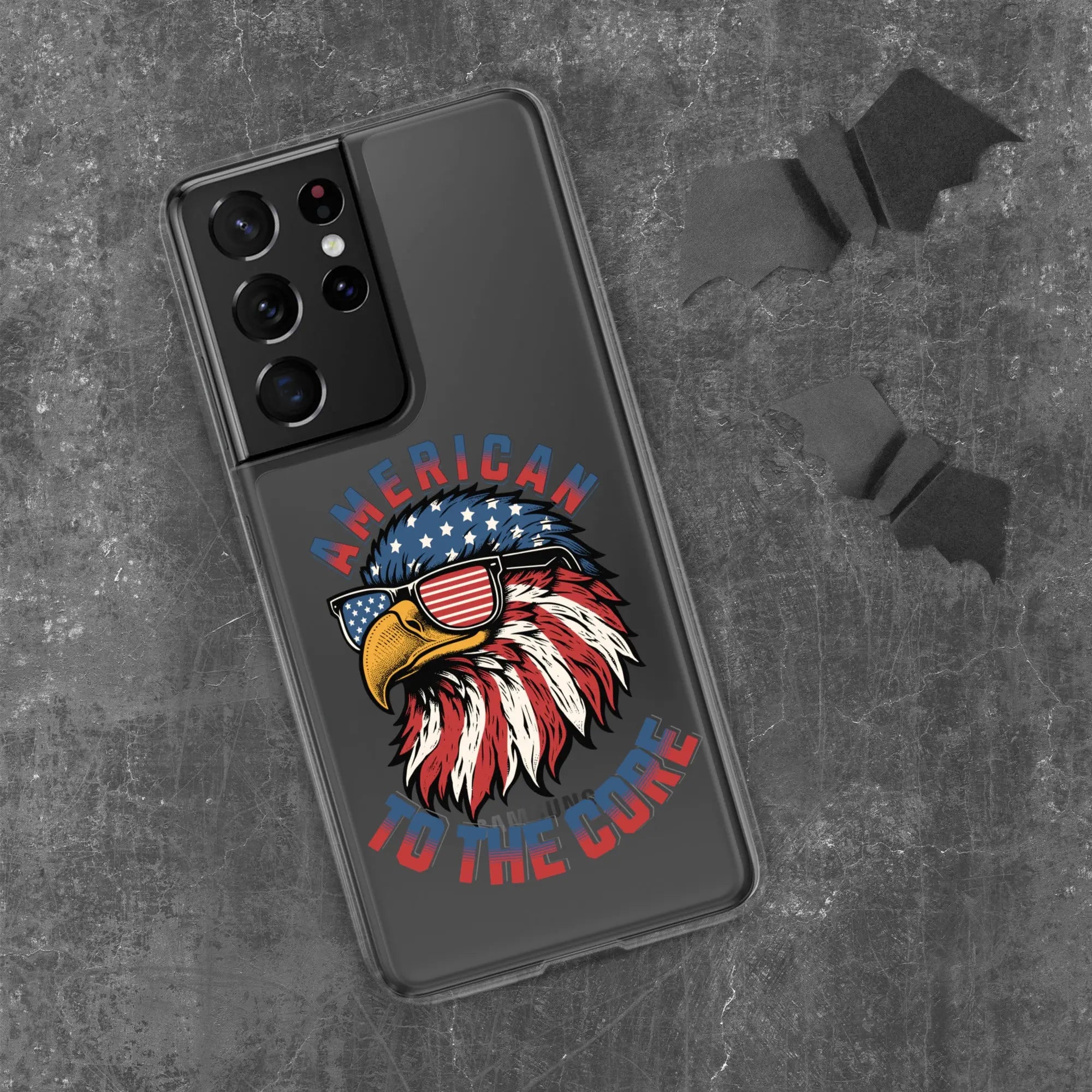 A patriotic Samsung phone clear case with an eagle head and the text "American To The Core."