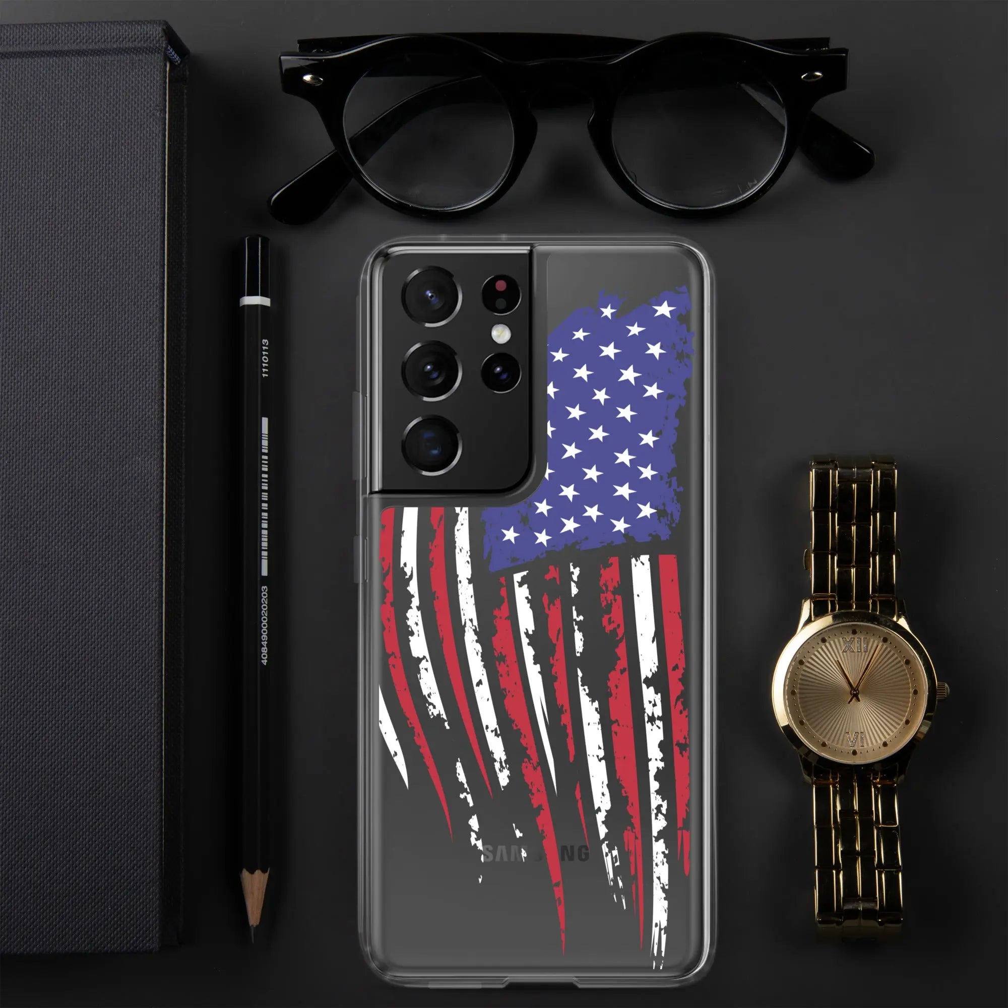 A patriotic Samsung phone clear case with the American flag.