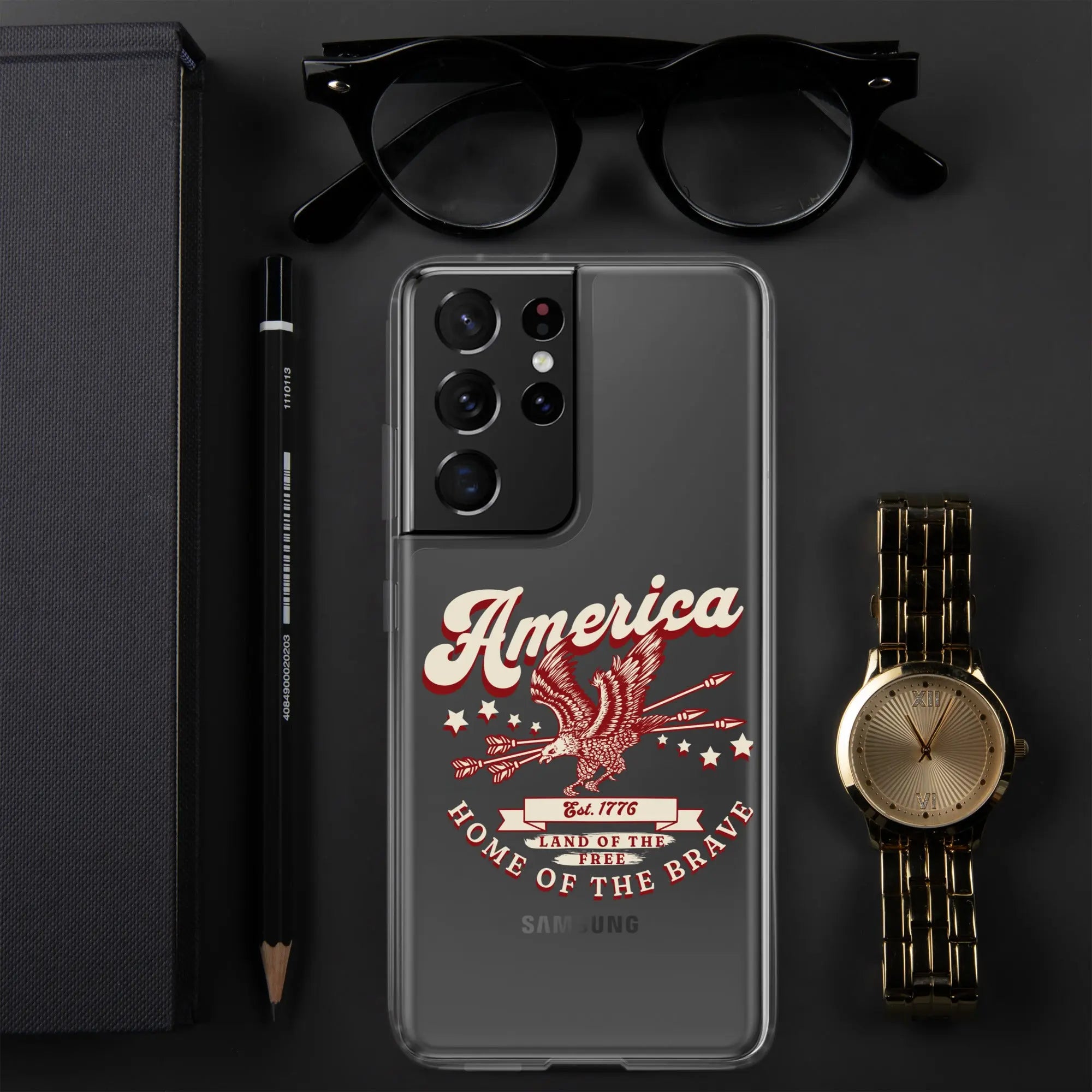 Patriotic Samsung clear phone case with a flying eagle and the text "America, Home Of The Brave."