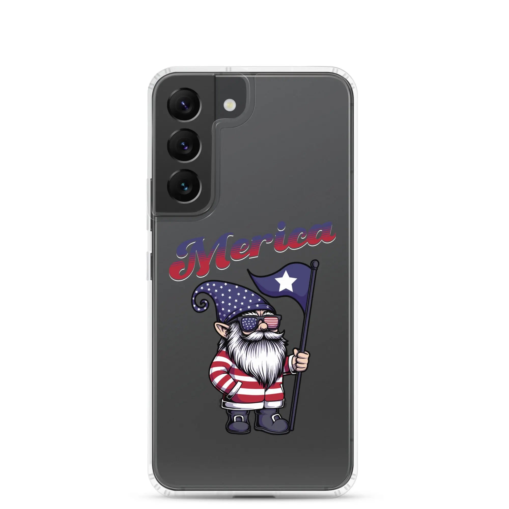 A patriotic Samsung phone clear case with a gnome holding a flag and the text "Merica."