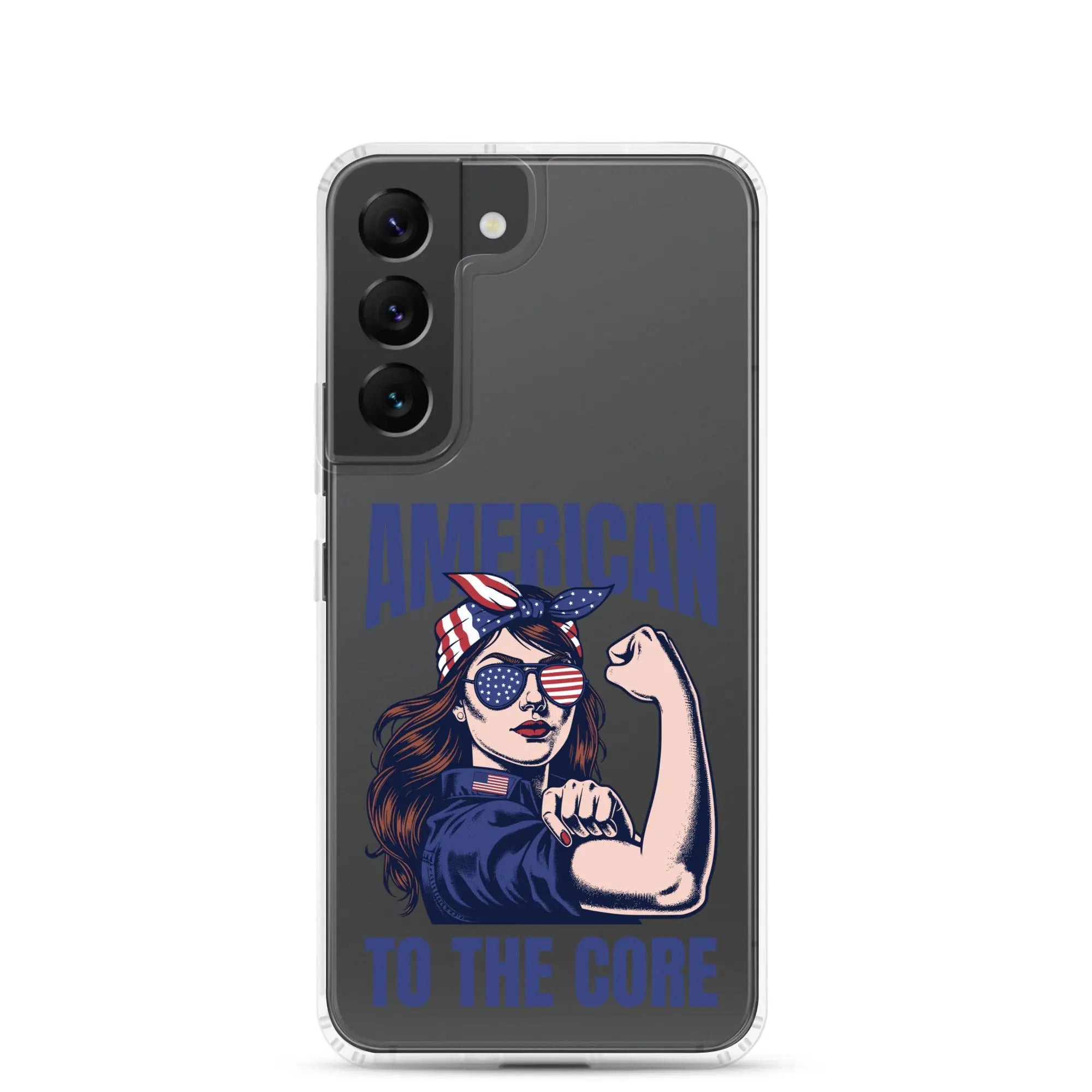 Patriotic Samsung phone clear case with a woman flexing and the text "American To The Core."