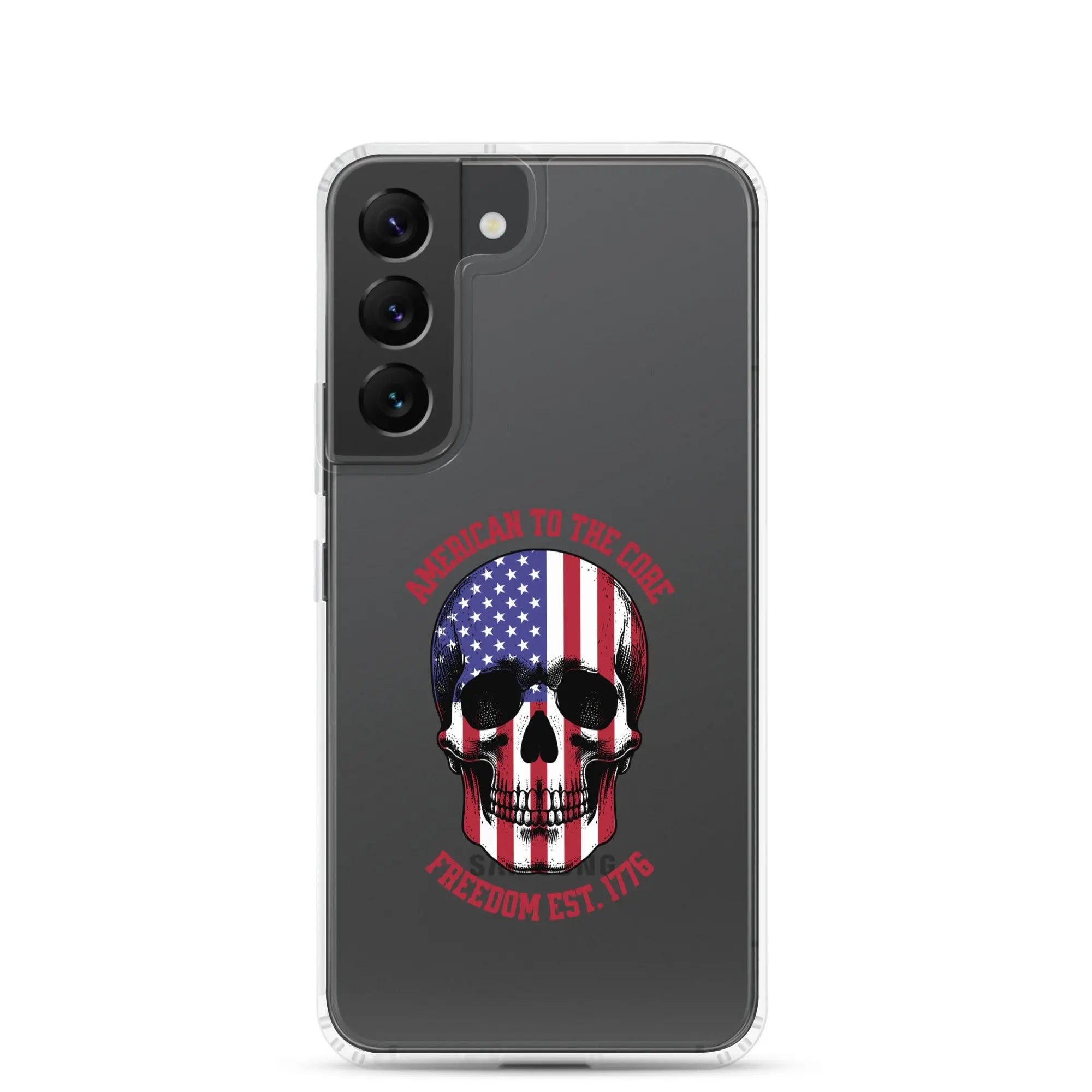 Patriotic Samsung clear phone case with an American flag skull and the text "America To The Core and Freedom est. 1776."