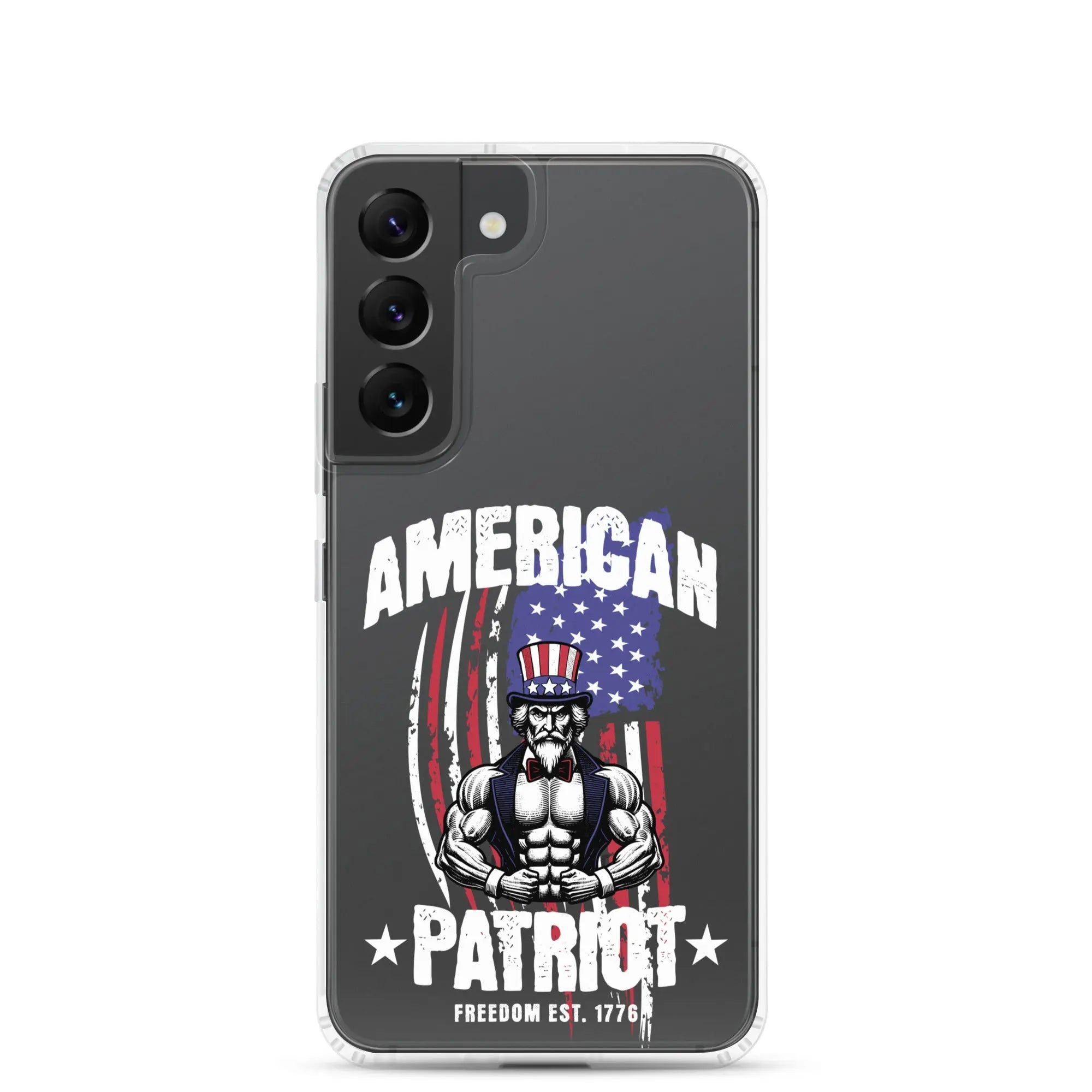 Patriotic Samsung clear phone case with a flexing uncle sam and the text "American Patriot"