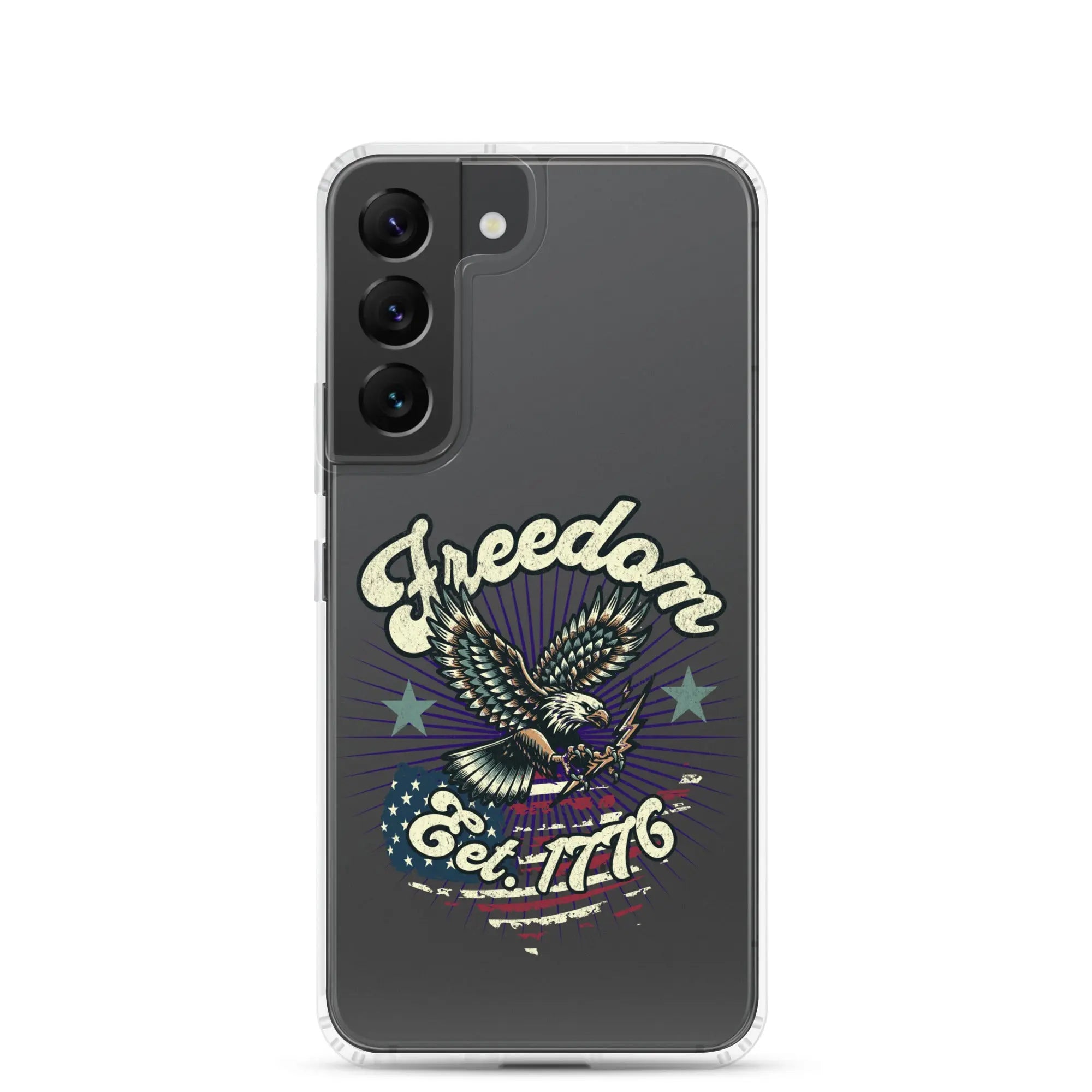 Patriotic Samsung clear phone case with an eagle design and the text "Freedom est. 1776."