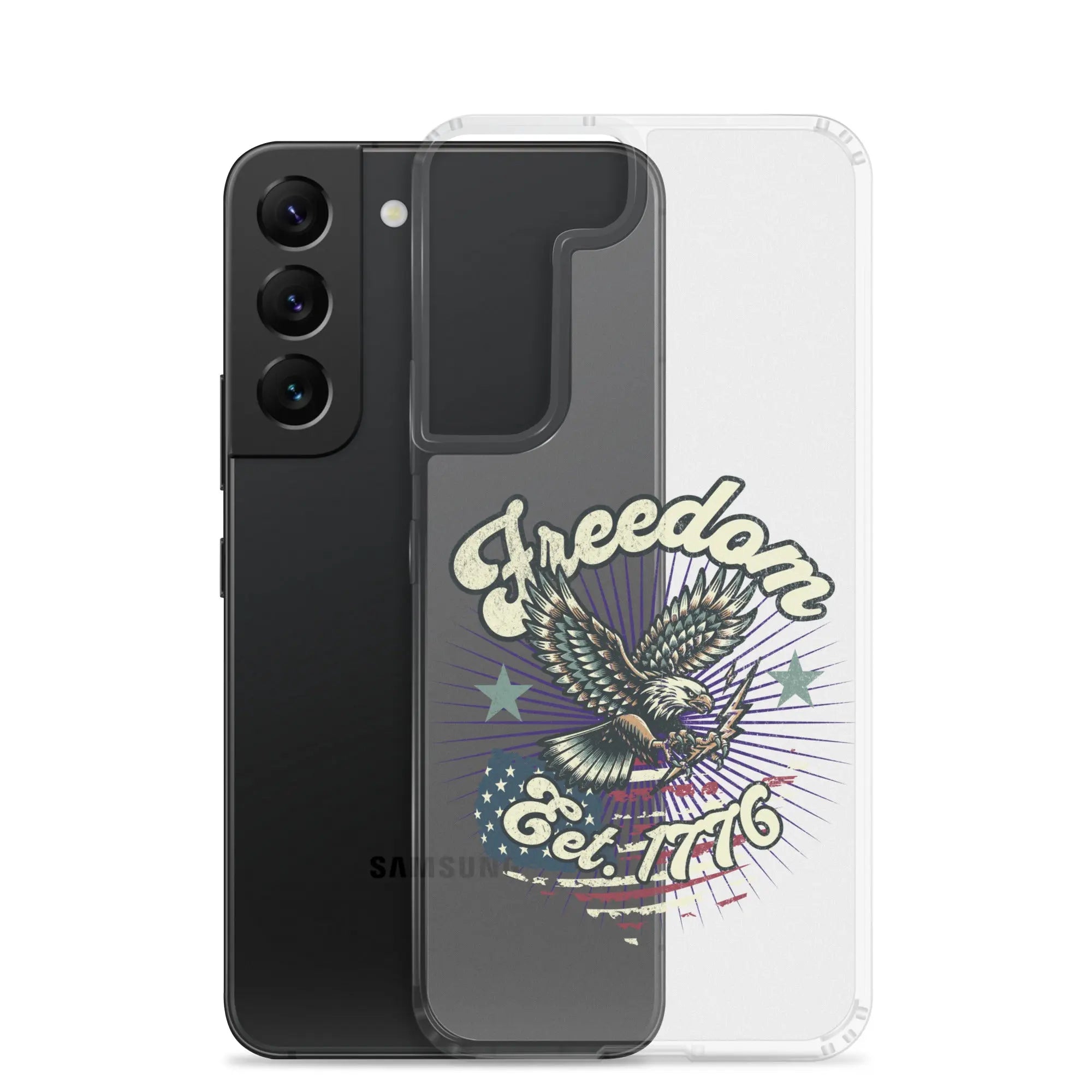 Patriotic Samsung clear phone case with an eagle design and the text "Freedom est. 1776."