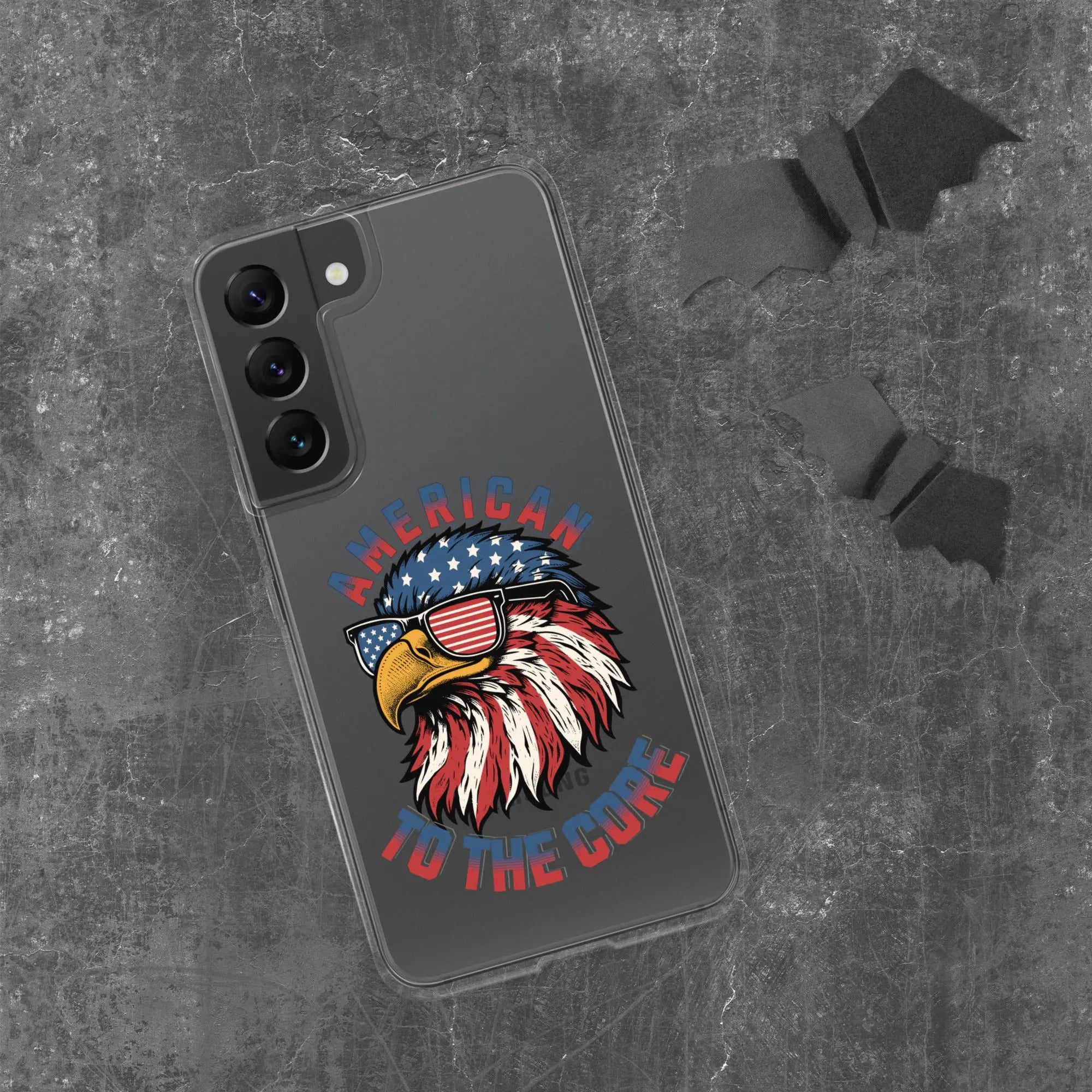 A patriotic Samsung phone clear case with an eagle head and the text "American To The Core."