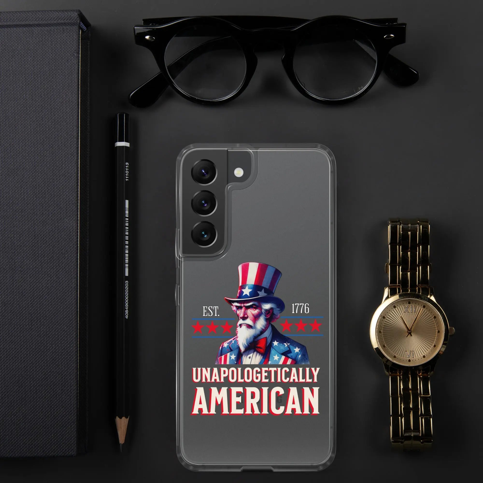 A patriotic Samsung clear phone case with Uncle Sam and the text "Unapologetically American."