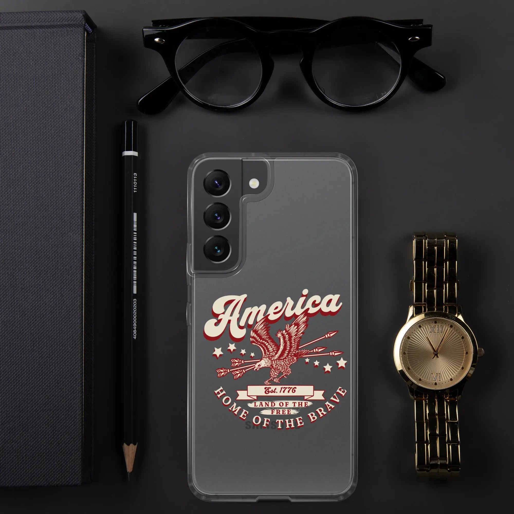 Patriotic Samsung clear phone case with a flying eagle and the text "America, Home Of The Brave."