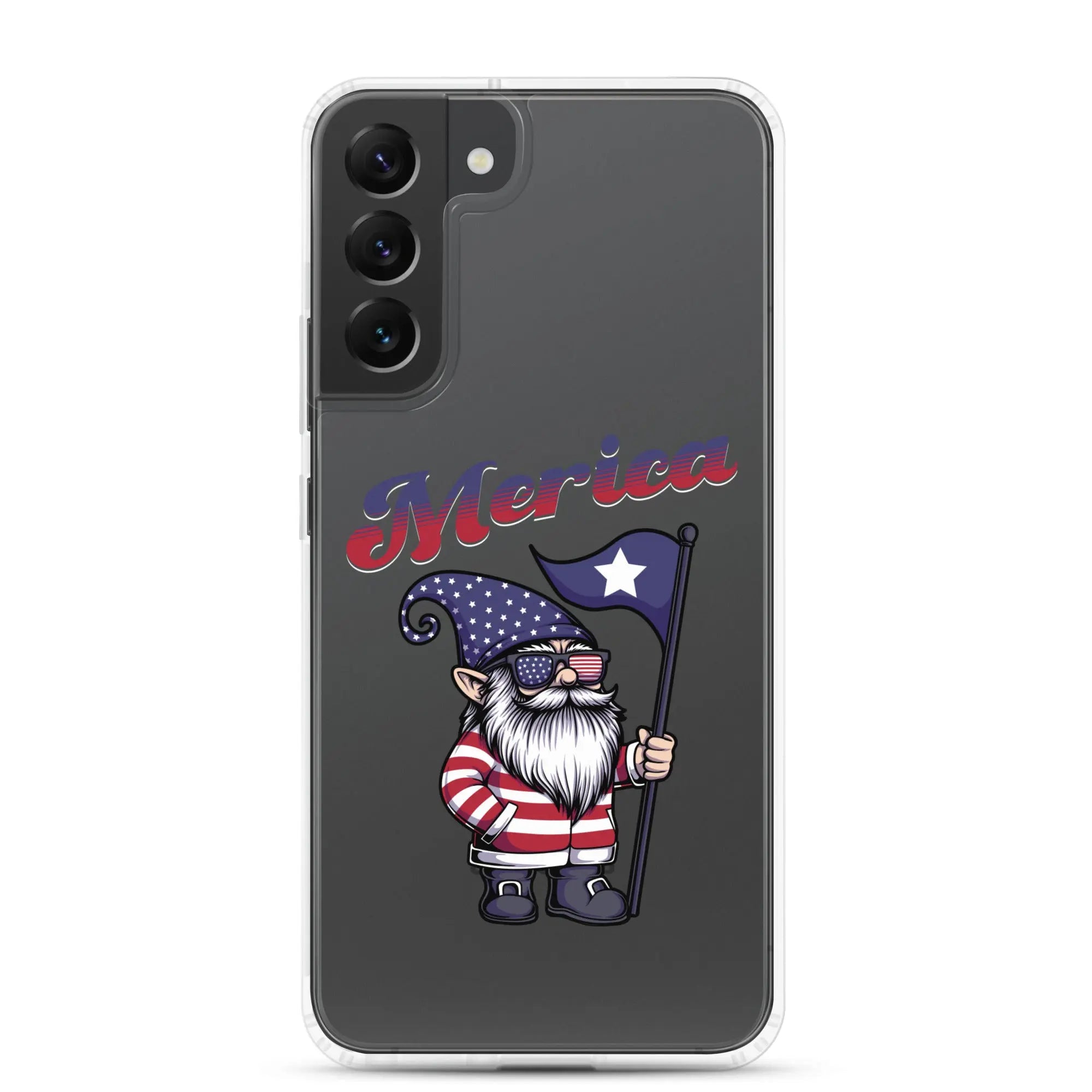 A patriotic Samsung phone clear case with a gnome holding a flag and the text "Merica."