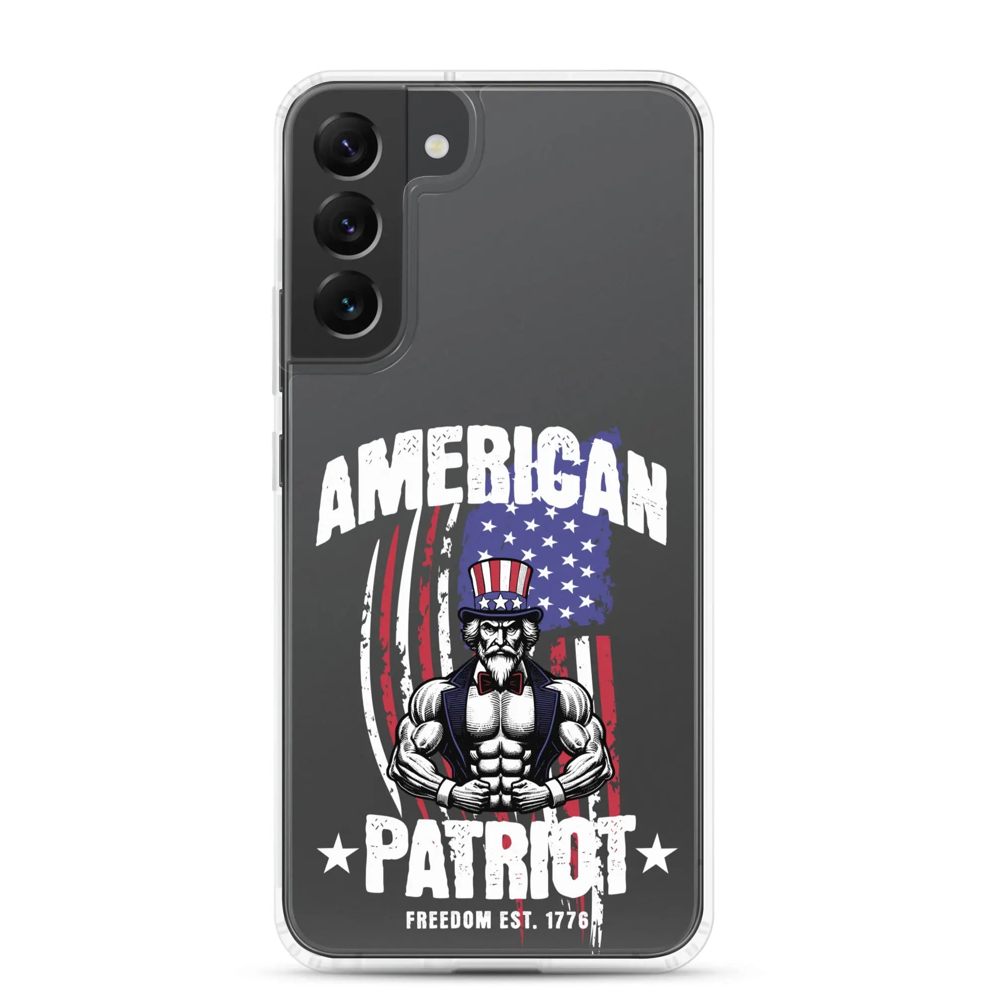 Patriotic Samsung clear phone case with a flexing uncle sam and the text "American Patriot"