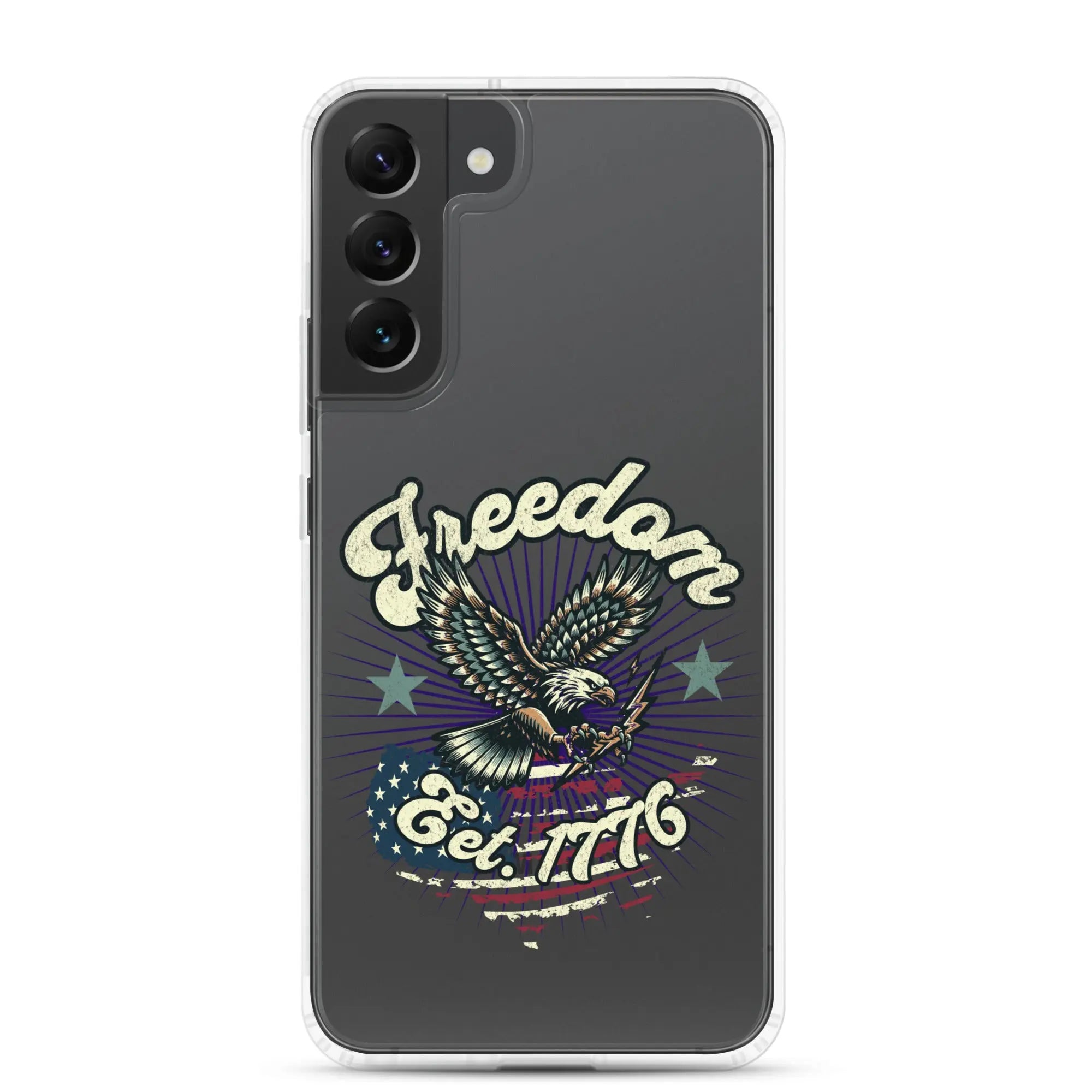 Patriotic Samsung clear phone case with an eagle design and the text "Freedom est. 1776."