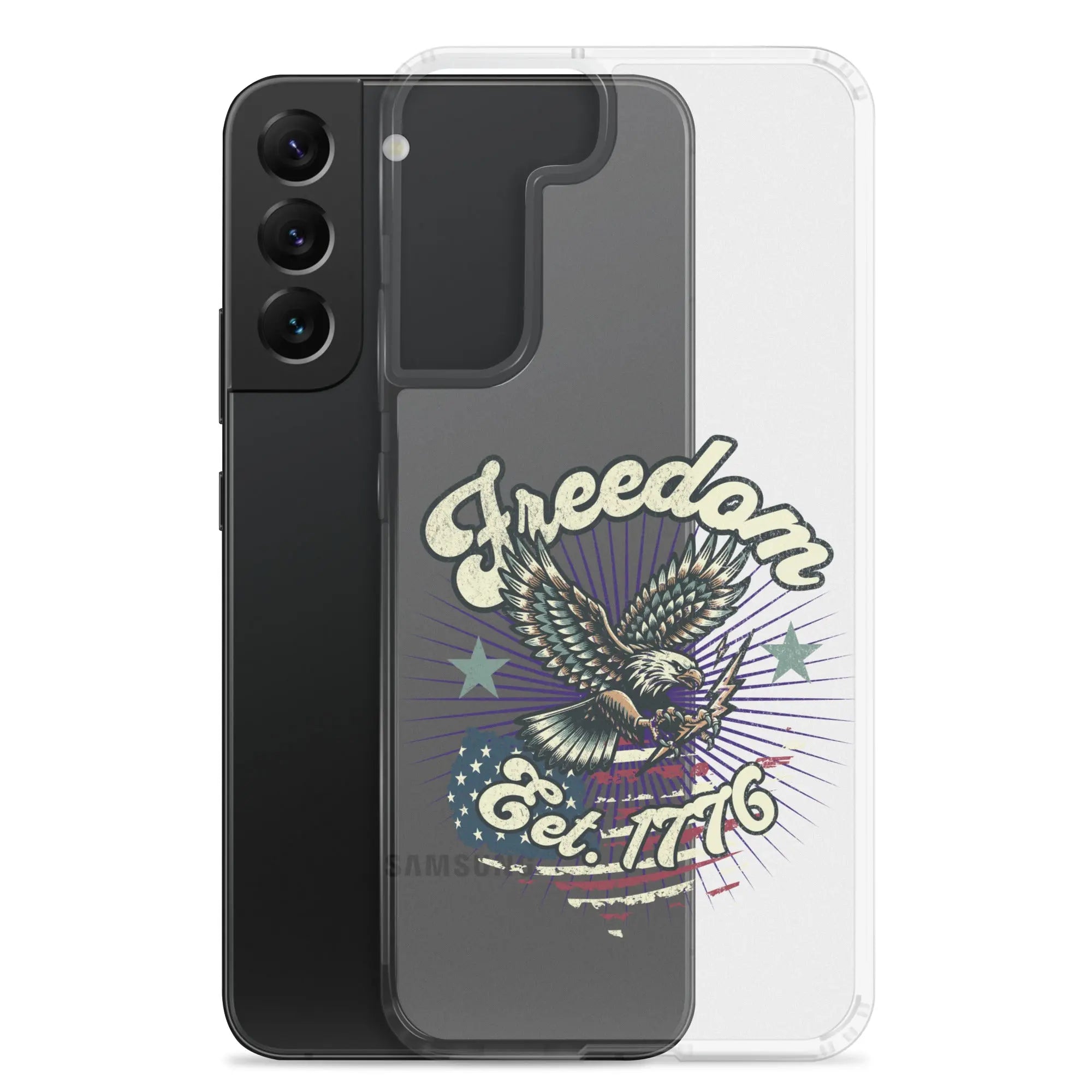 Patriotic Samsung clear phone case with an eagle design and the text "Freedom est. 1776."