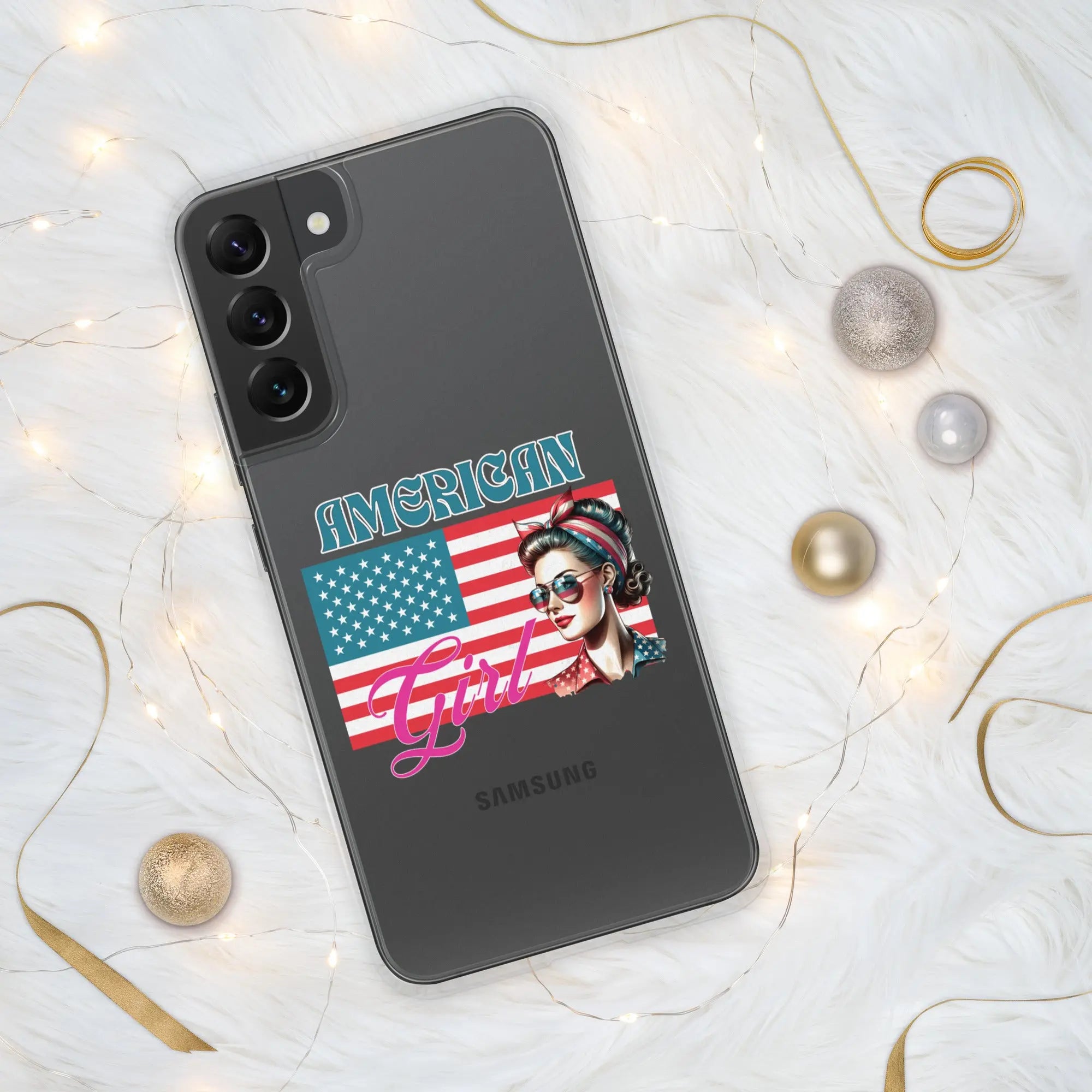 A patriotic Samsung phone clear case with the American flag and a woman's head on it and the text "American Girl."